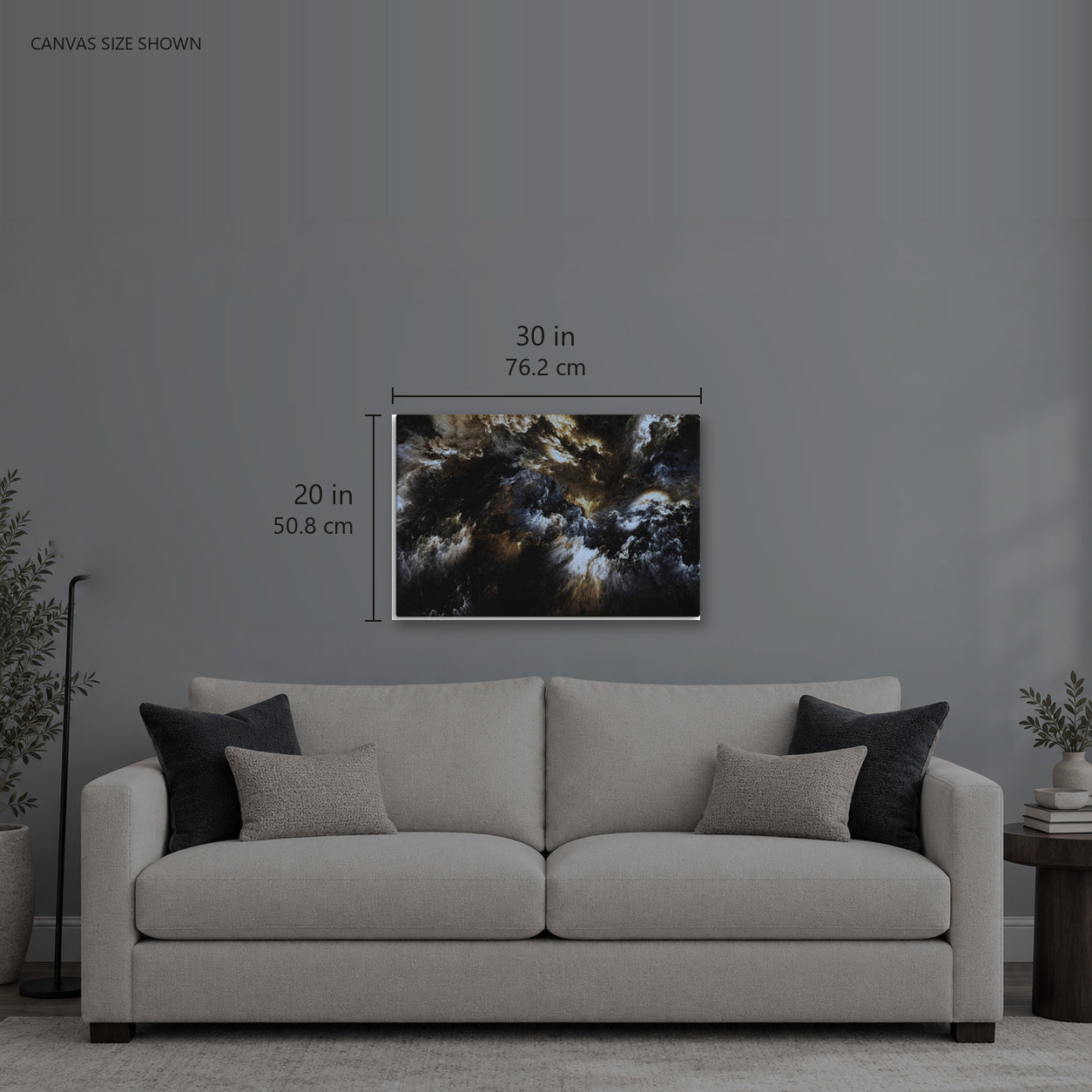 ACTIVE — Canvas shown: 30 W × 20 H in (76.2 × 50.8 cm). Room reference; other formats and framed outside dimensions differ.