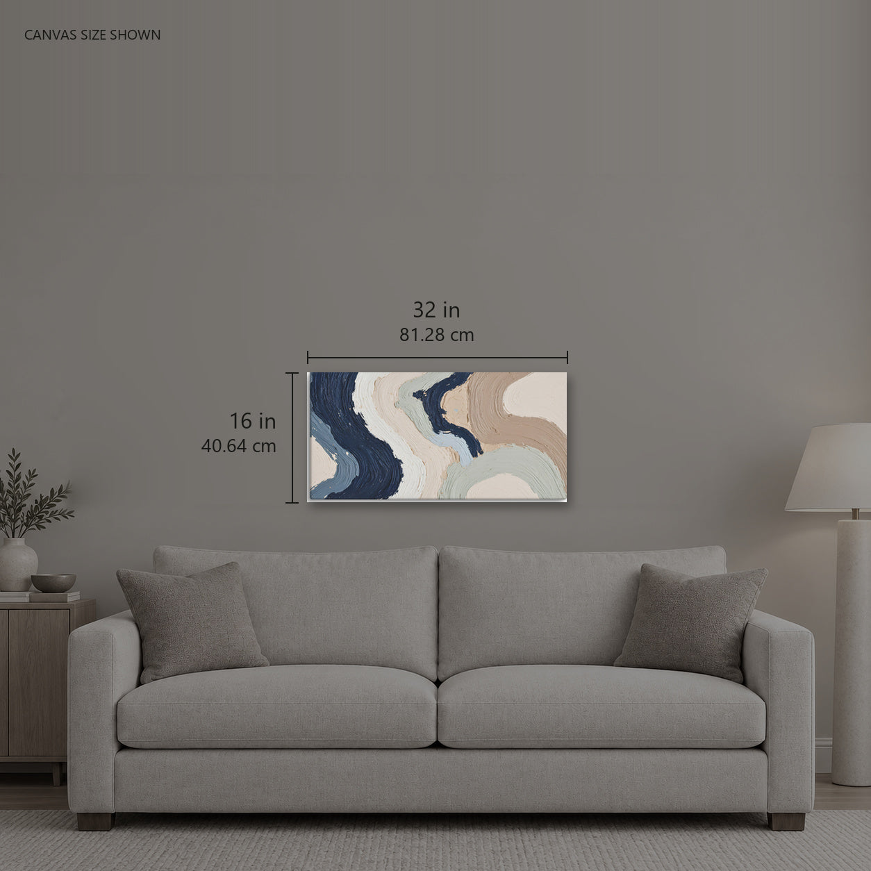 ALLUVIA — Canvas shown: 32 W × 16 H in (81.28 × 40.64 cm). Room reference; other formats and framed outside dimensions differ.