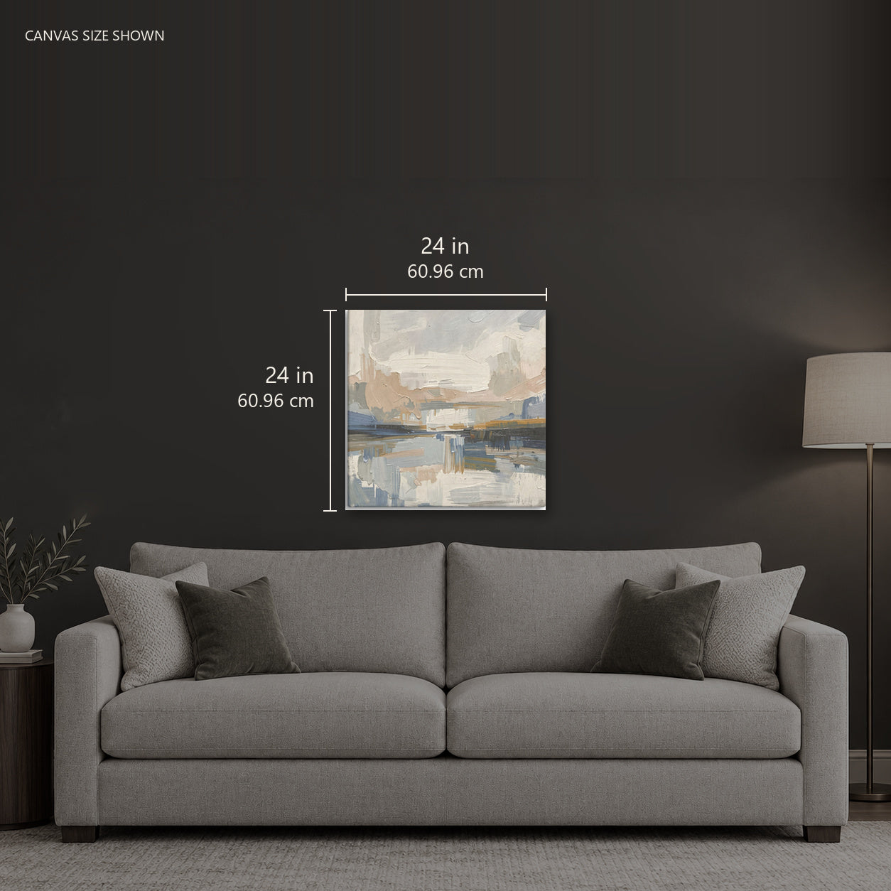 AMALFI — Canvas shown: 24 W × 24 H in (60.96 × 60.96 cm). Room reference; other formats and framed outside dimensions differ.