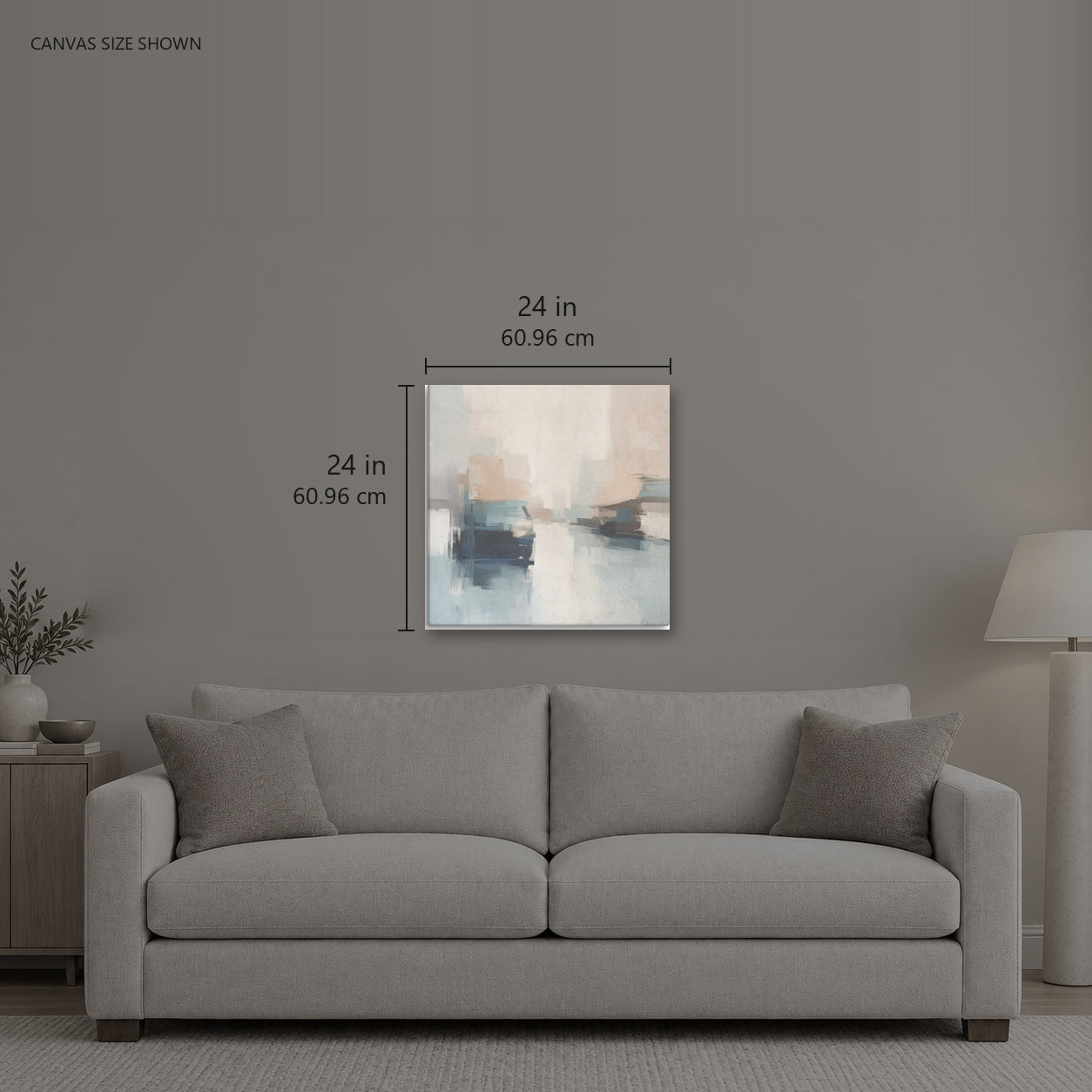 CASCAIS — Canvas shown: 24 W × 24 H in (60.96 × 60.96 cm). Room reference; other formats and framed outside dimensions differ.