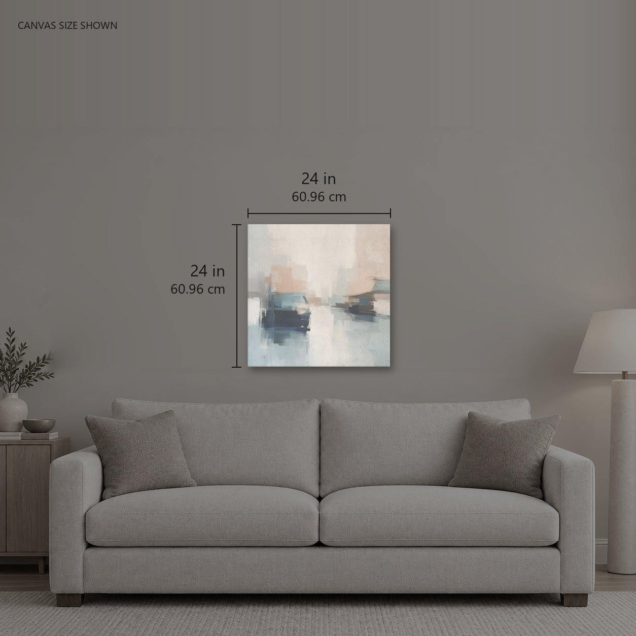 CASCAIS — Canvas shown: 24 W × 24 H in (60.96 × 60.96 cm). Room reference; other formats and framed outside dimensions differ.