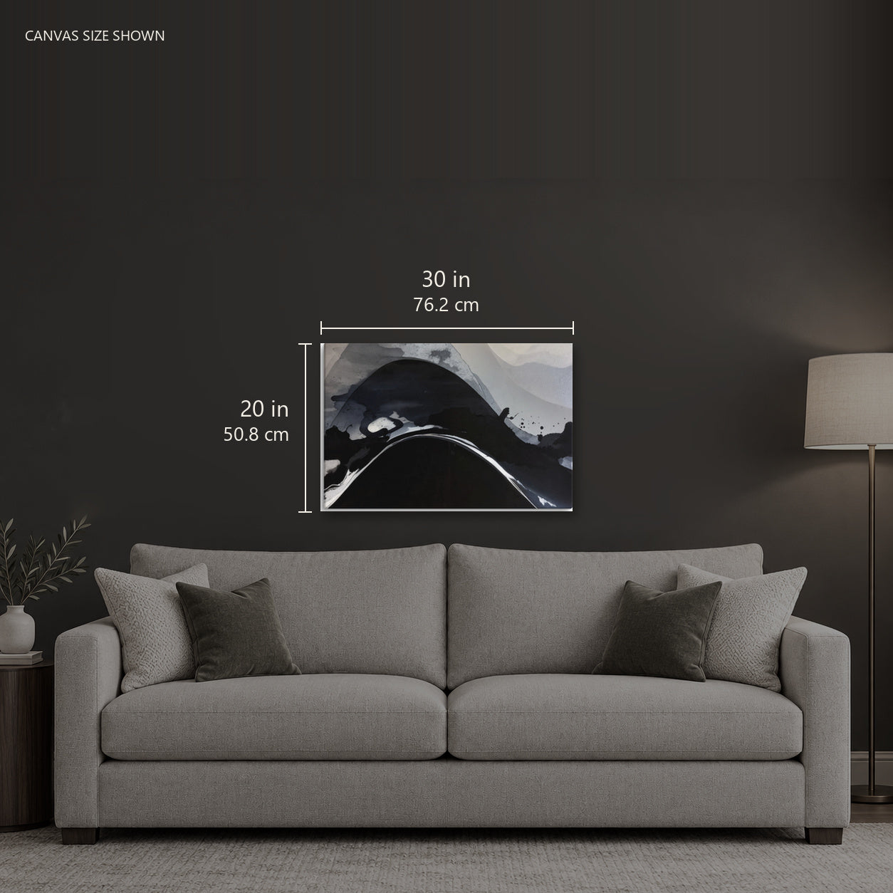 CATALYSIS — Canvas shown: 30 W × 20 H in (76.2 × 50.8 cm). Room reference; other formats and framed outside dimensions differ.