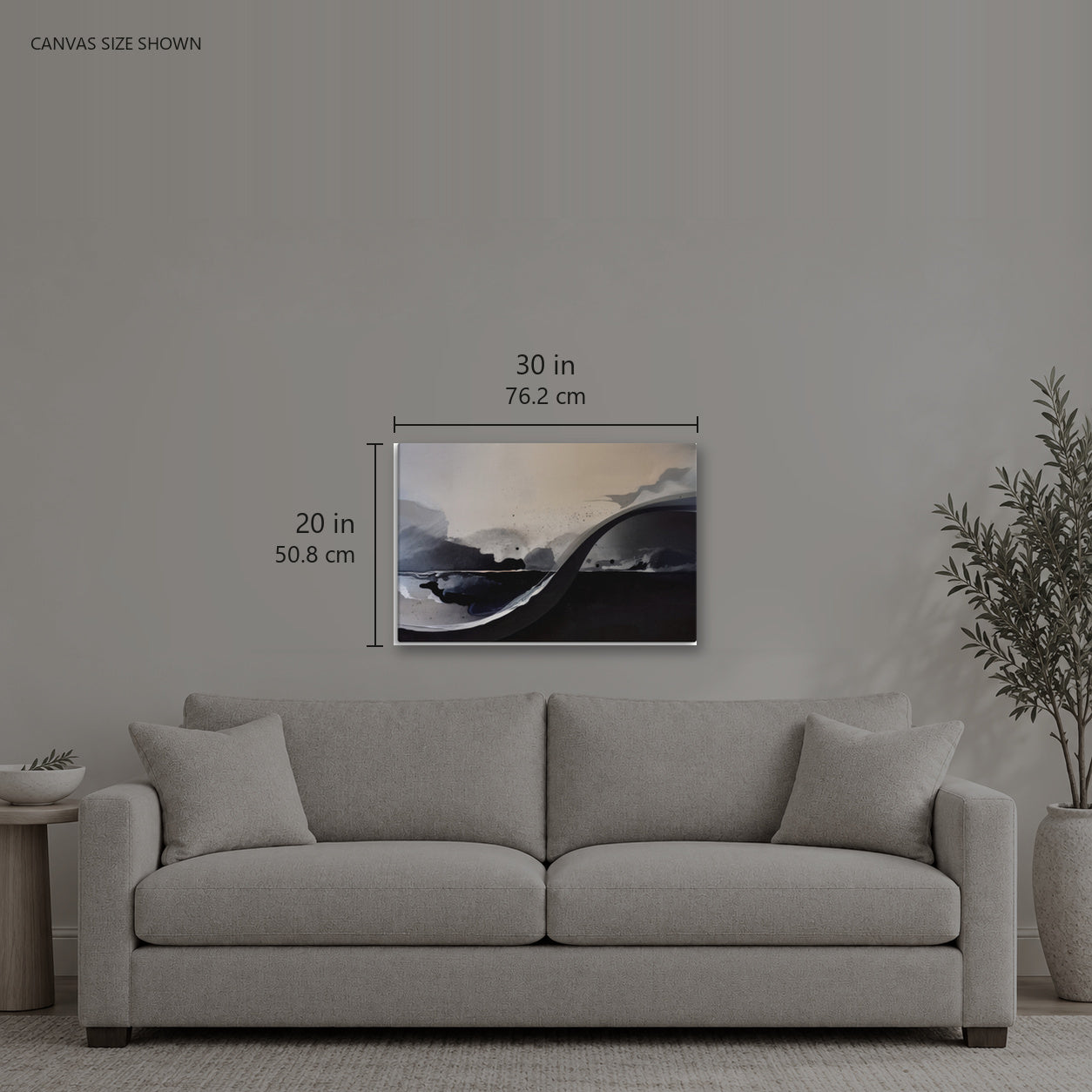DIFFUSION — Canvas shown: 30 W × 20 H in (76.2 × 50.8 cm). Room reference; other formats and framed outside dimensions differ.