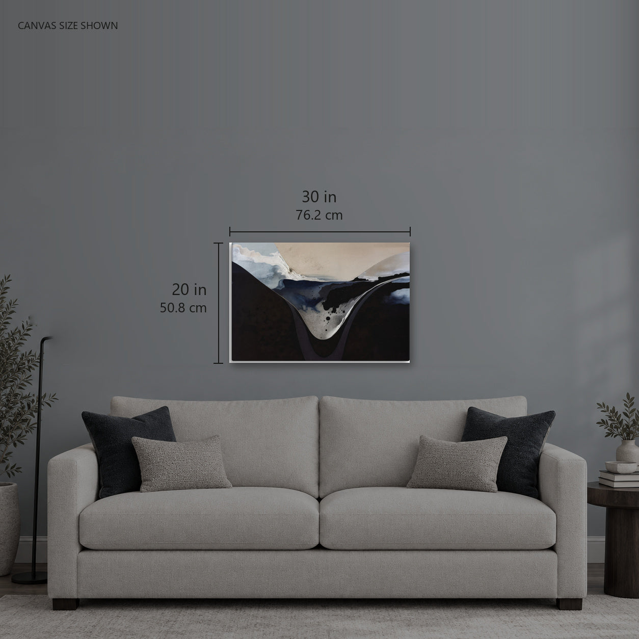 IONIZATION — Canvas shown: 30 W × 20 H in (76.2 × 50.8 cm). Room reference; other formats and framed outside dimensions differ.