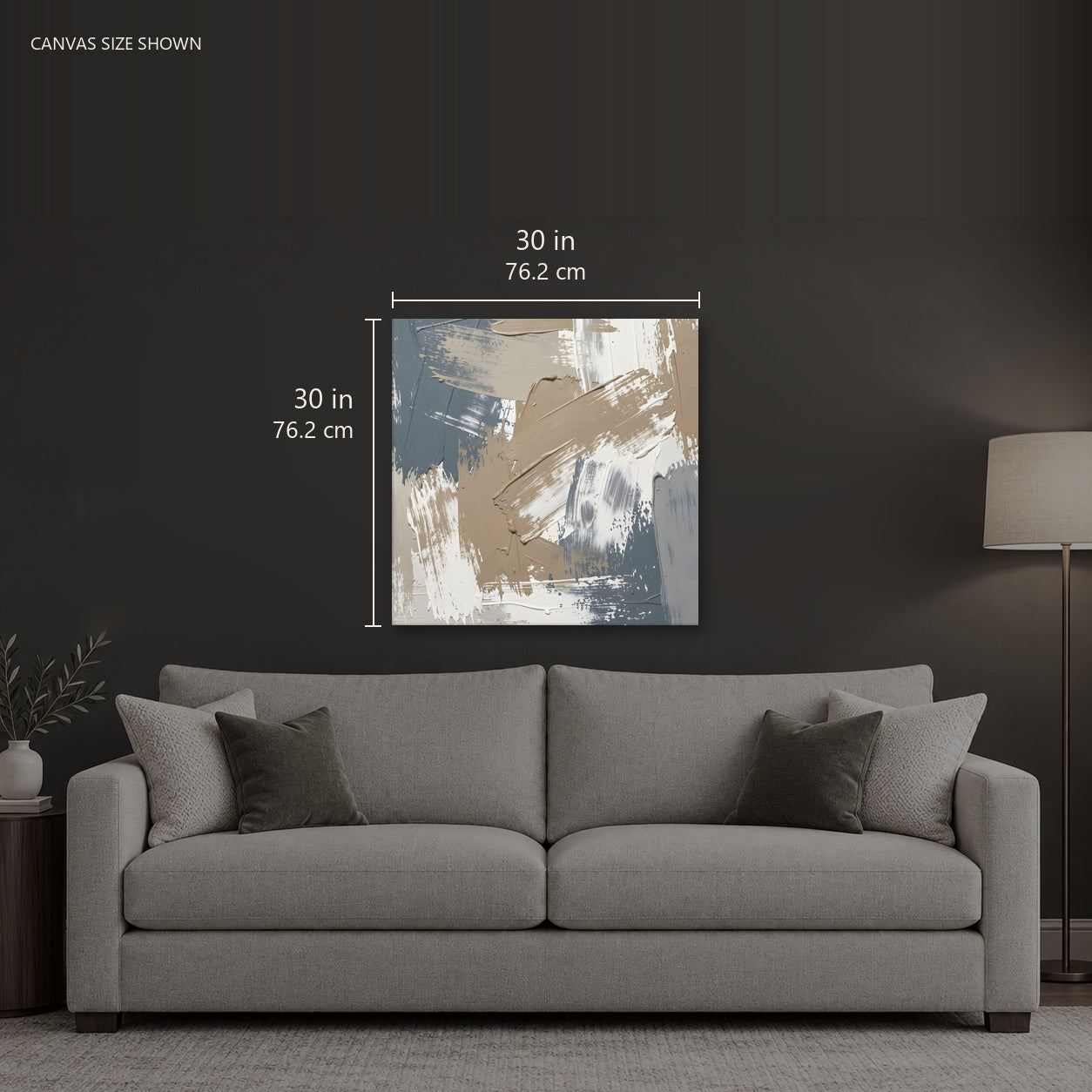 LOGAN — Canvas shown: 30 W × 30 H in (76.2 × 76.2 cm). Room reference; other formats and framed outside dimensions differ.