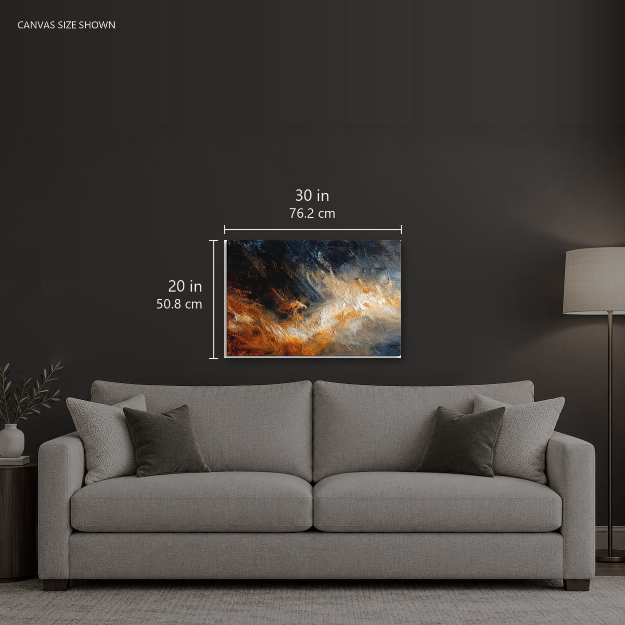 LUMEN — Canvas shown: 30 W × 20 H in (76.2 × 50.8 cm). Room reference; other formats and framed outside dimensions differ.