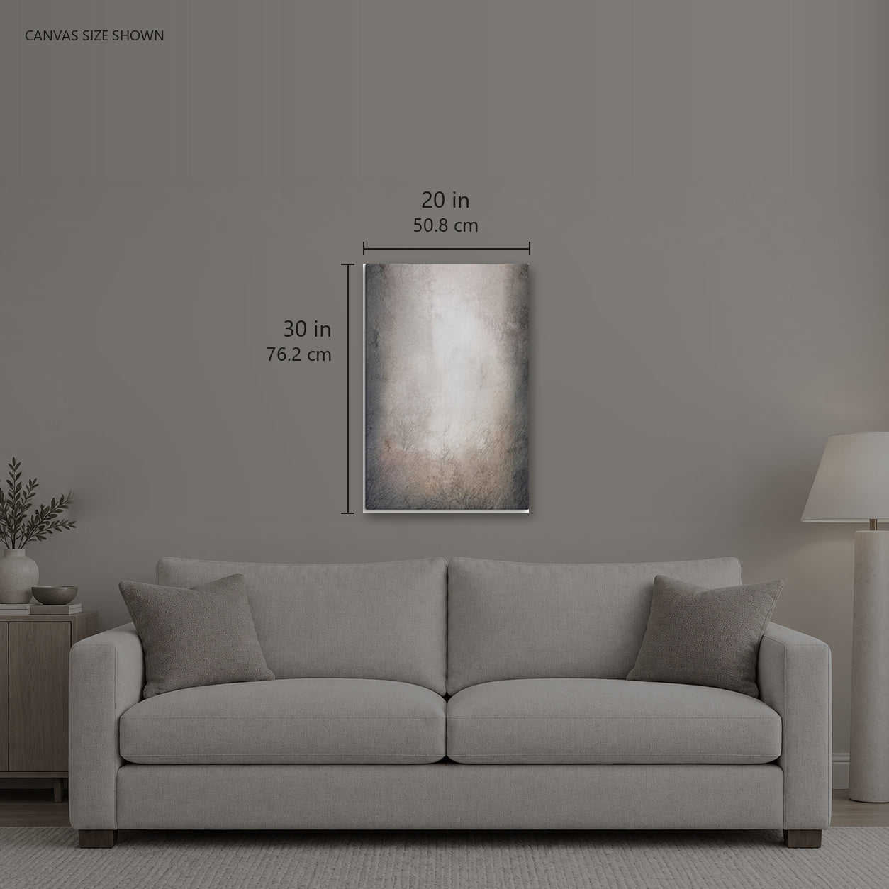 MINERAL — Canvas shown: 20 W × 30 H in (50.8 × 76.2 cm). Room reference; other formats and framed outside dimensions differ.