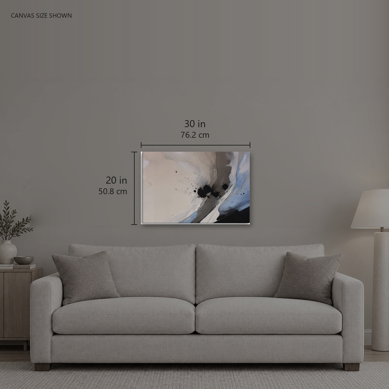 NUCLEATION — Canvas shown: 30 W × 20 H in (76.2 × 50.8 cm). Room reference; other formats and framed outside dimensions differ.