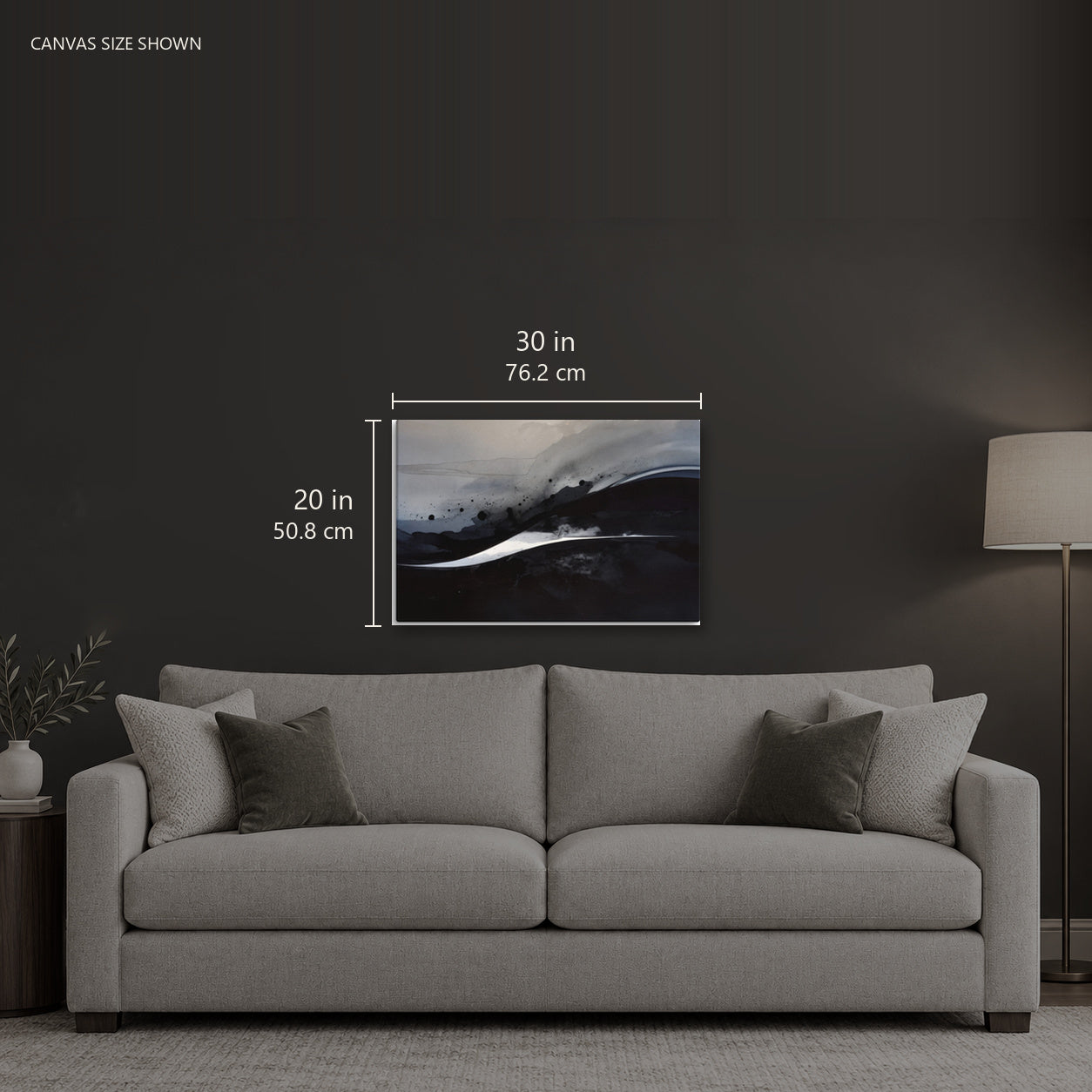 OXIDATION — Canvas shown: 30 W × 20 H in (76.2 × 50.8 cm). Room reference; other formats and framed outside dimensions differ.