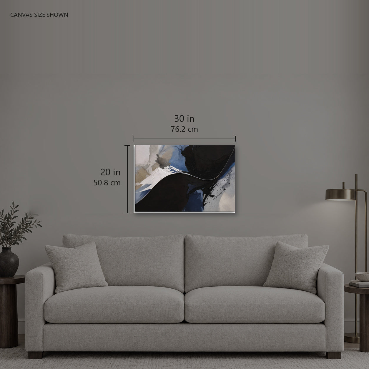REDUCTION — Canvas shown: 30 W × 20 H in (76.2 × 50.8 cm). Room reference; other formats and framed outside dimensions differ.