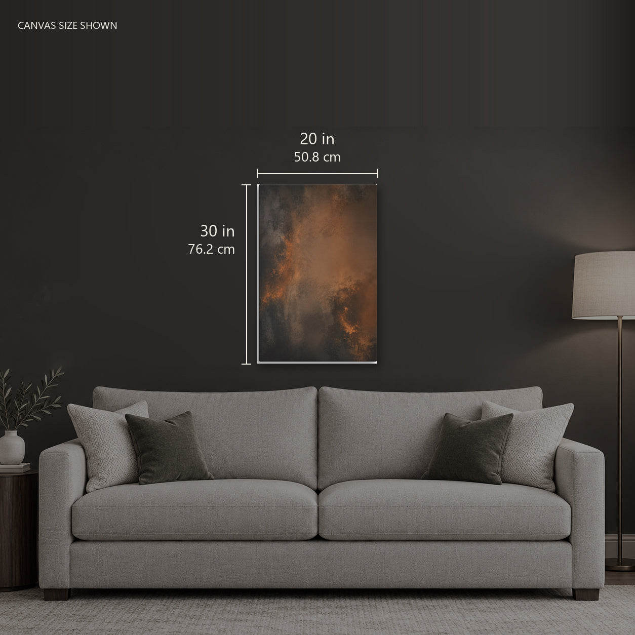 STATIC II — Canvas shown: 20 W × 30 H in (50.8 × 76.2 cm). Room reference; other formats and framed outside dimensions differ.