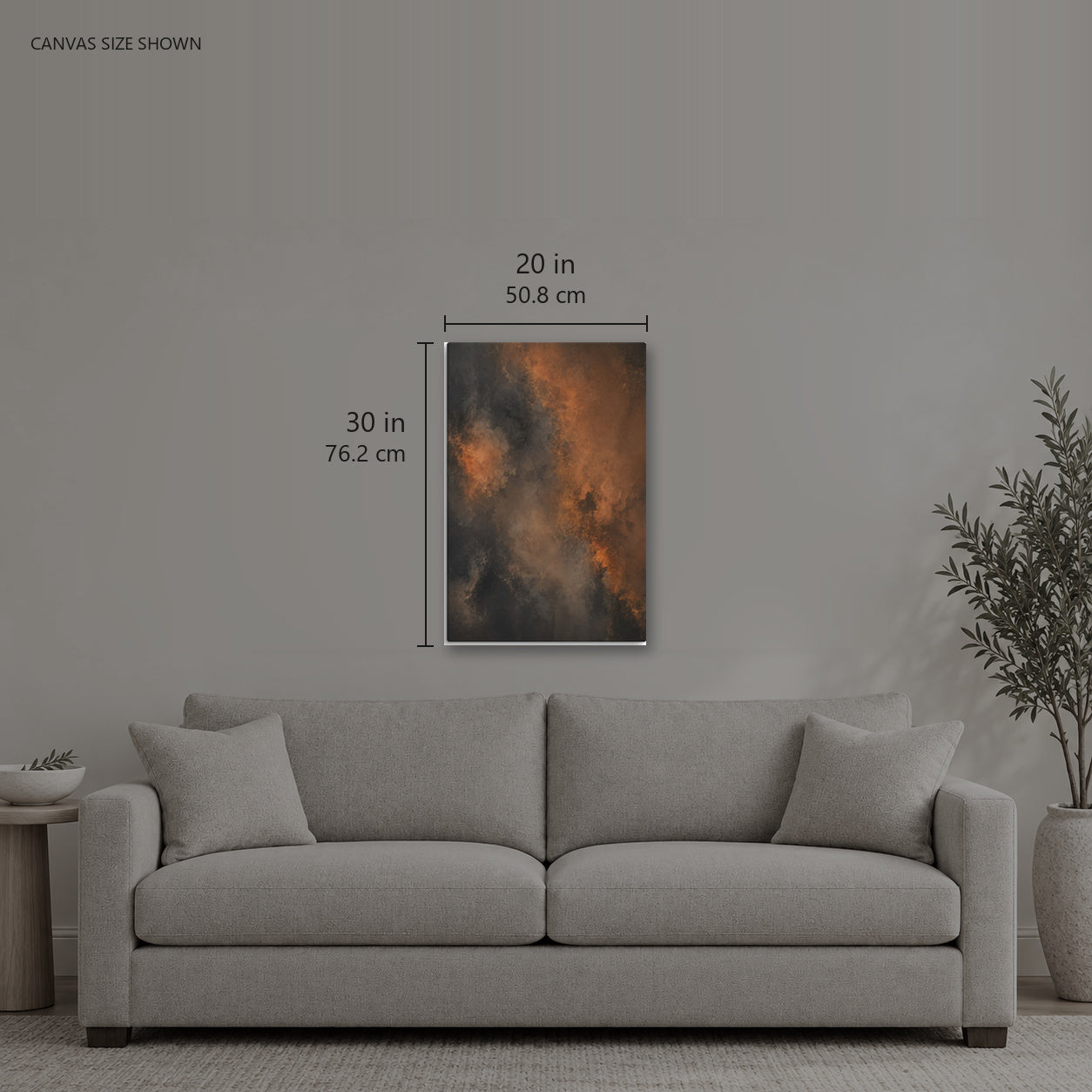 STATIC III — Canvas shown: 20 W × 30 H in (50.8 × 76.2 cm). Room reference; other formats and framed outside dimensions differ.