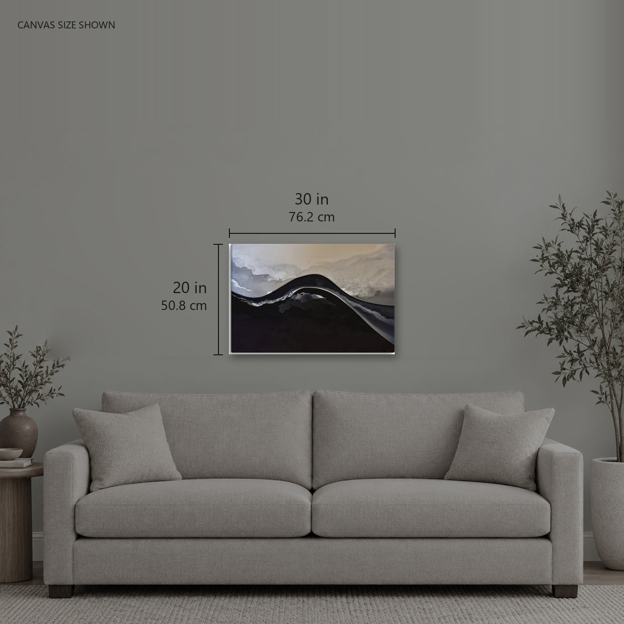 SUBLIMATION — Canvas shown: 30 W × 20 H in (76.2 × 50.8 cm). Room reference; other formats and framed outside dimensions differ.