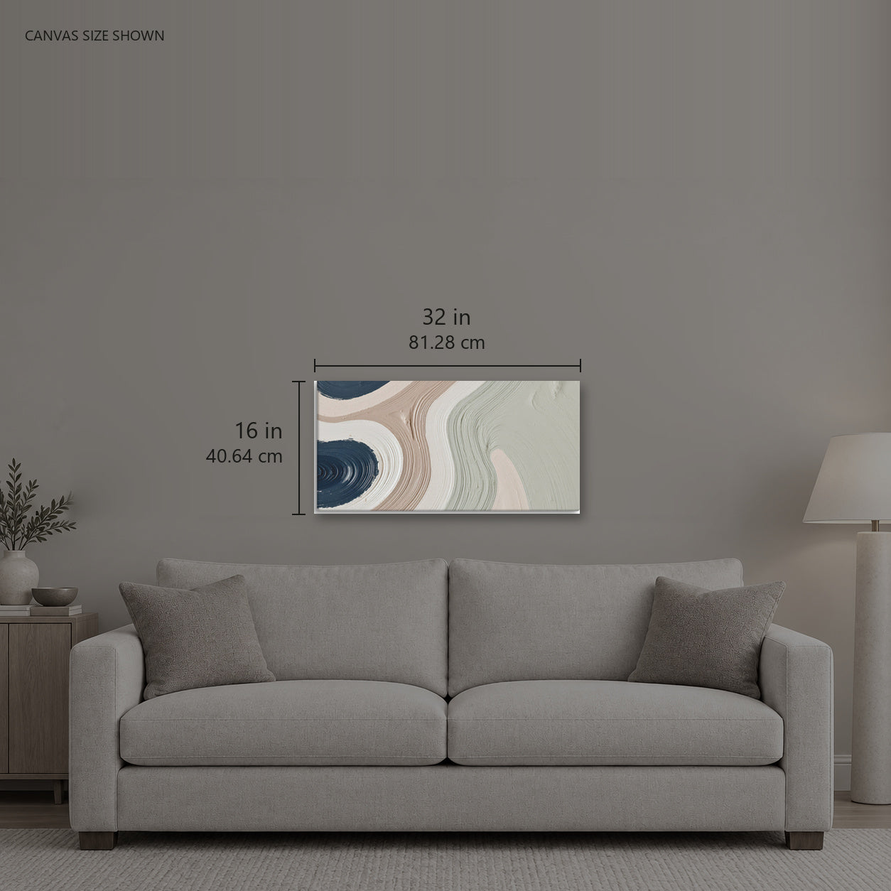 TALUS — Canvas shown: 32 W × 16 H in (81.28 × 40.64 cm). Room reference; other formats and framed outside dimensions differ.