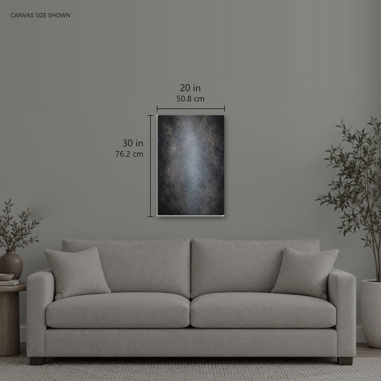VOID — Canvas shown: 20 W × 30 H in (50.8 × 76.2 cm). Room reference; other formats and framed outside dimensions differ.