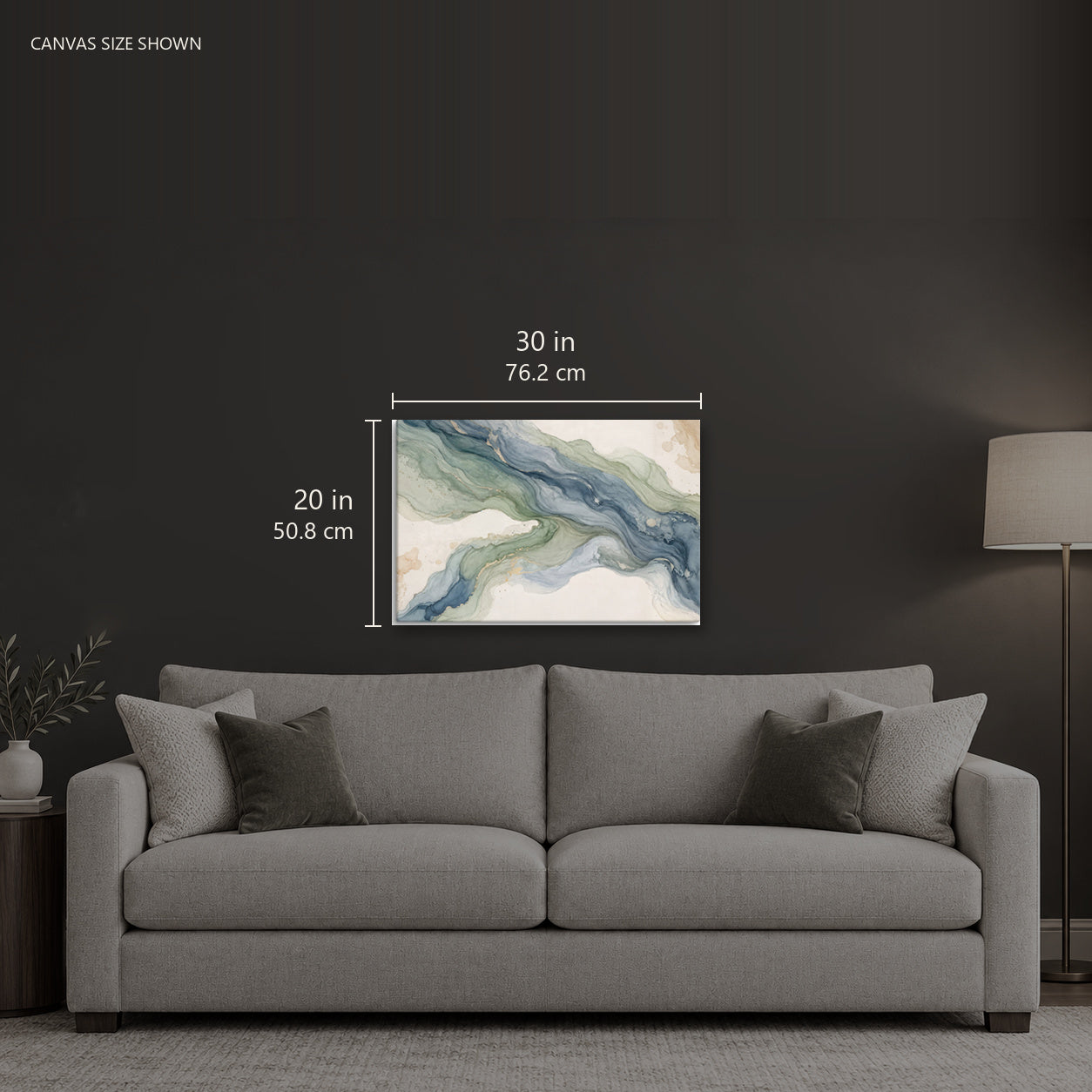 WASH — Canvas shown: 30 W × 20 H in (76.2 × 50.8 cm). Room reference; other formats and framed outside dimensions differ.