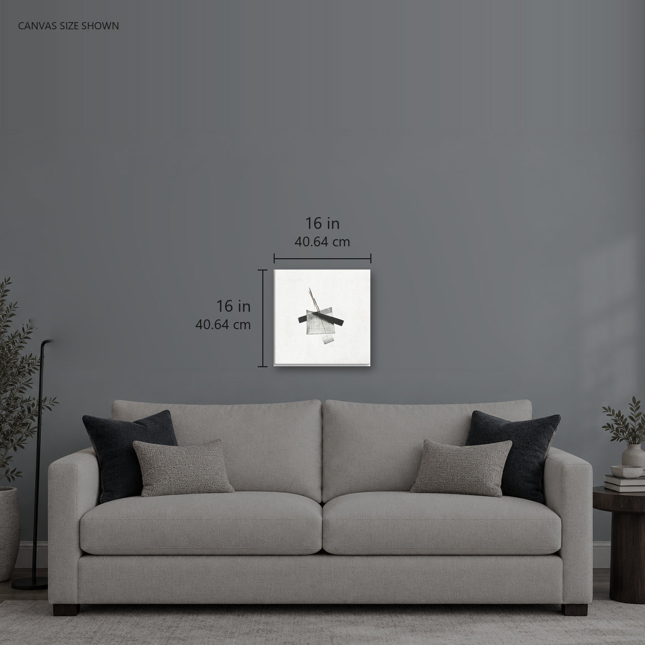 Apex — Canvas shown: 16 W × 16 H in (40.64 × 40.64 cm). Room reference; other formats and framed outside dimensions differ.