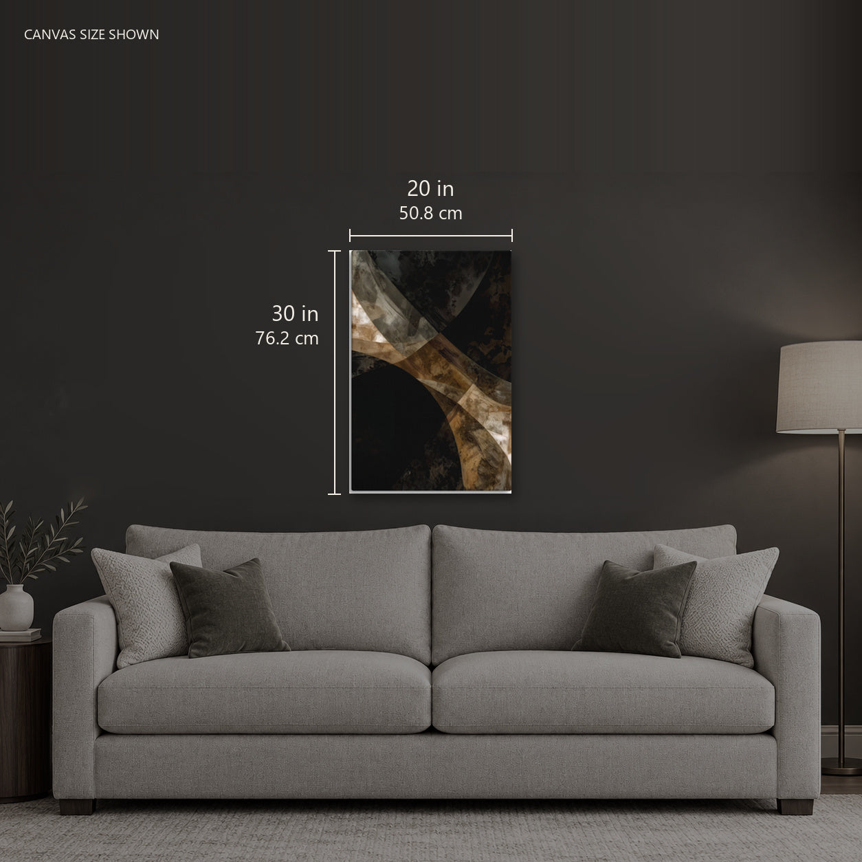 ASHLAR 001 — Canvas shown: 20 W × 30 H in (50.8 × 76.2 cm). Room reference; other formats and framed outside dimensions differ.
