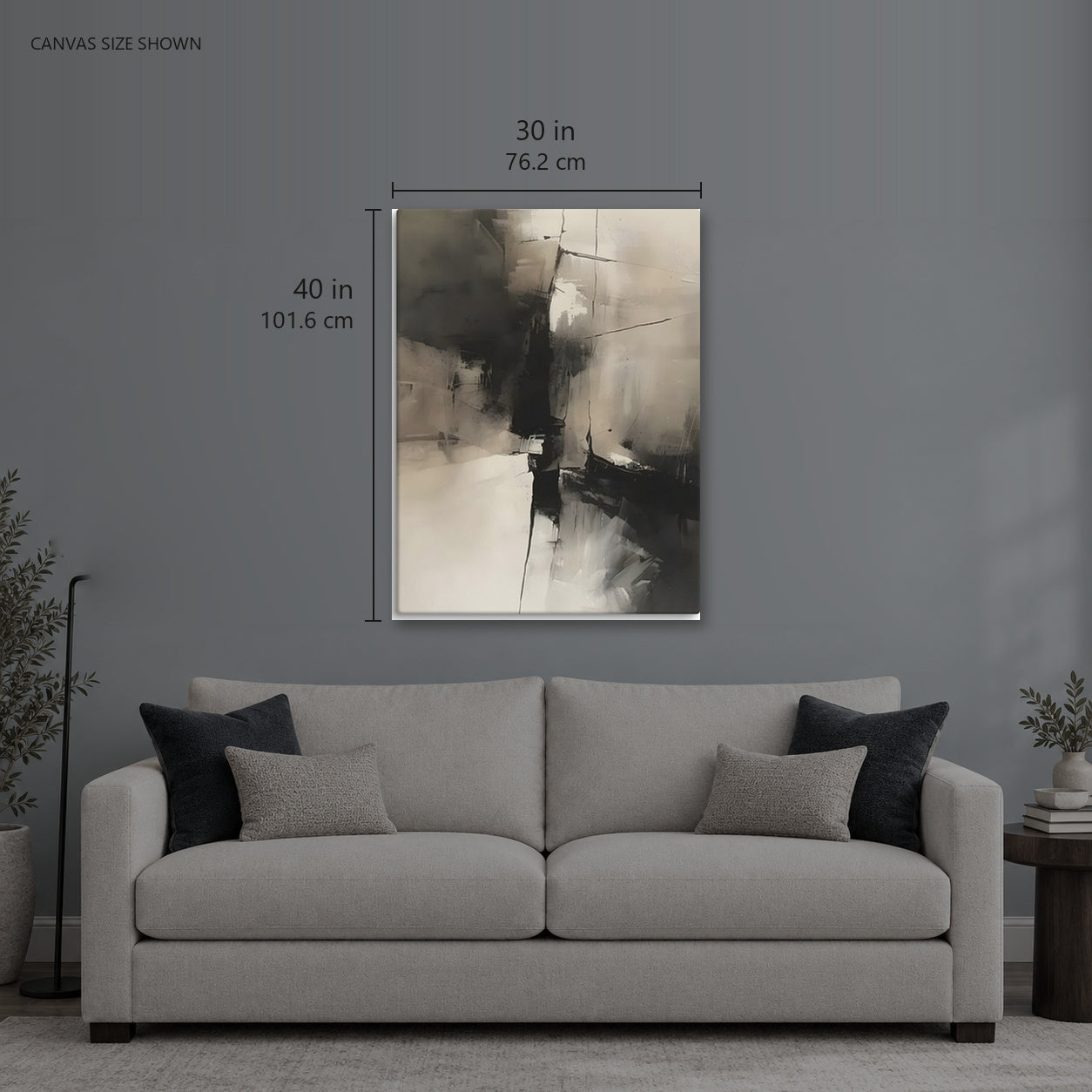 COLLIDE — Canvas shown: 30 W × 40 H in (76.2 × 101.6 cm). Room reference; other formats and framed outside dimensions differ.