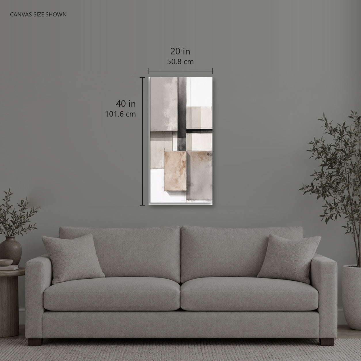 DATUM — Canvas shown: 20 W × 40 H in (50.8 × 101.6 cm). Room reference; other formats and framed outside dimensions differ.