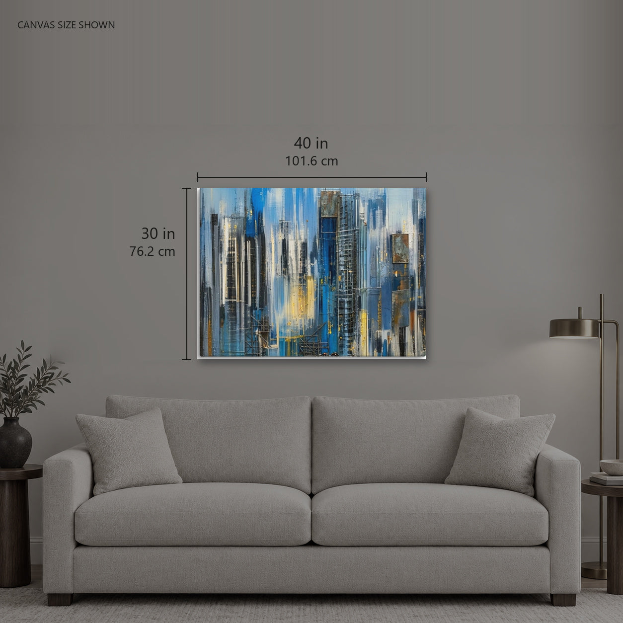 FACADE — Canvas shown: 40 W × 30 H in (101.6 × 76.2 cm). Room reference; other formats and framed outside dimensions differ.