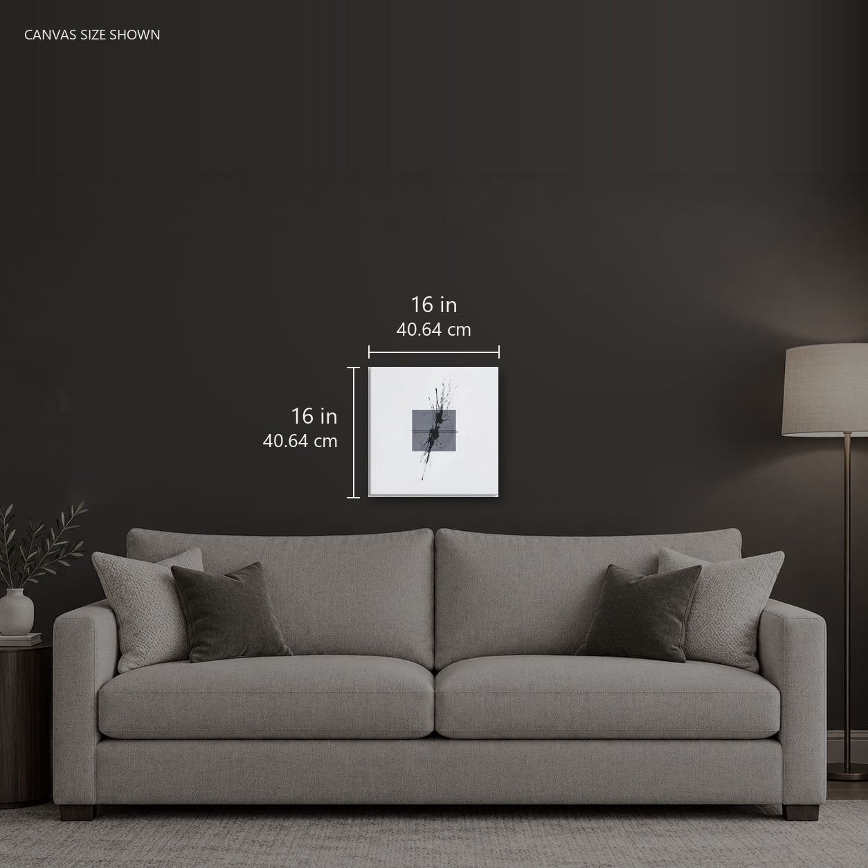 Goliath — Canvas shown: 16 W × 16 H in (40.64 × 40.64 cm). Room reference; other formats and framed outside dimensions differ.