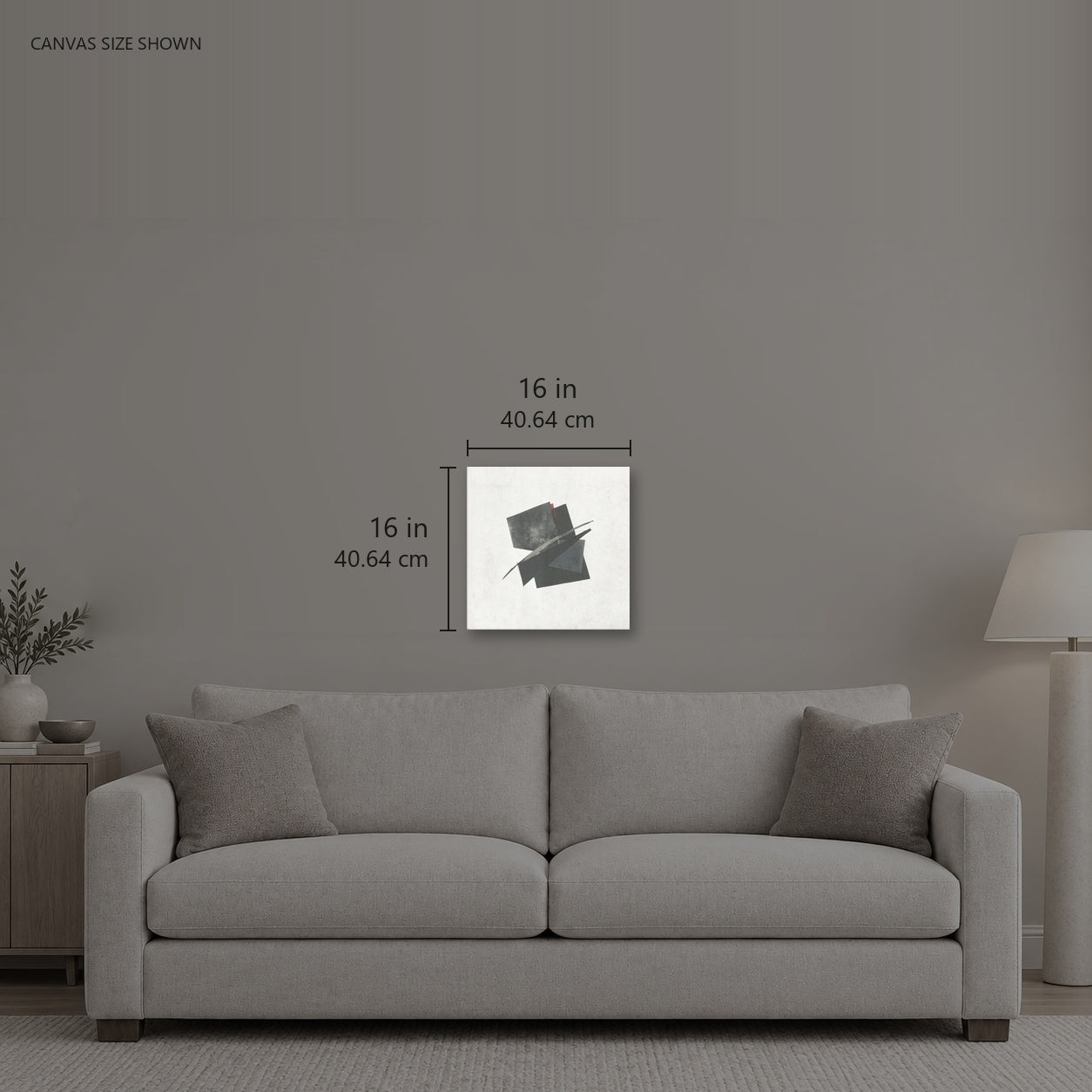 Hidden — Canvas shown: 16 W × 16 H in (40.64 × 40.64 cm). Room reference; other formats and framed outside dimensions differ.