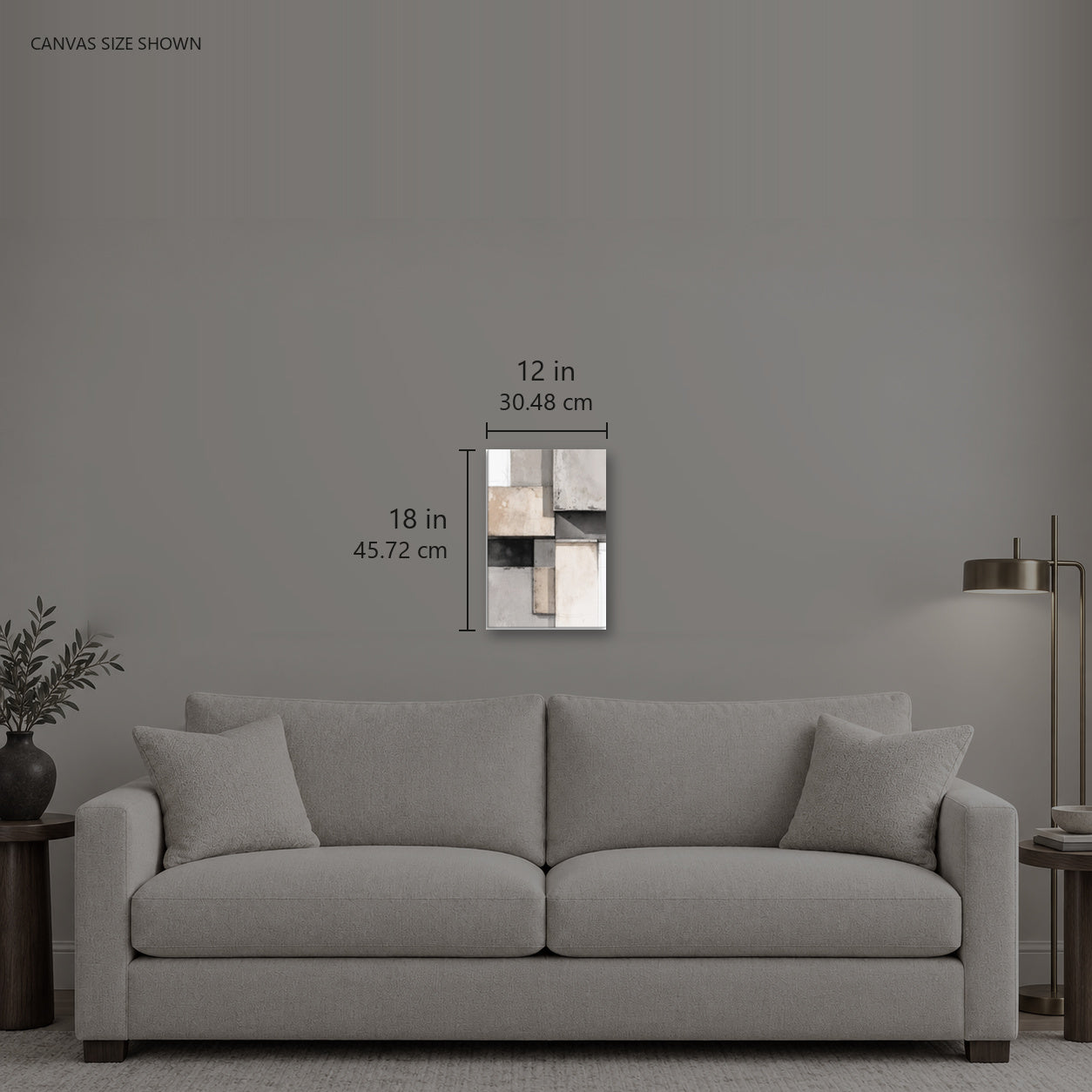 JUNCTION — Canvas shown: 12 W × 18 H in (30.48 × 45.72 cm). Room reference; other formats and framed outside dimensions differ.