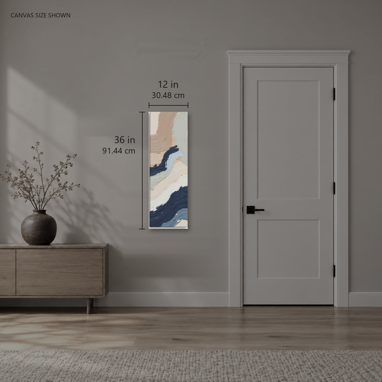 Marl — Canvas shown: 12 W × 36 H in (30.48 × 91.44 cm). Room reference; other formats and framed outside dimensions differ.