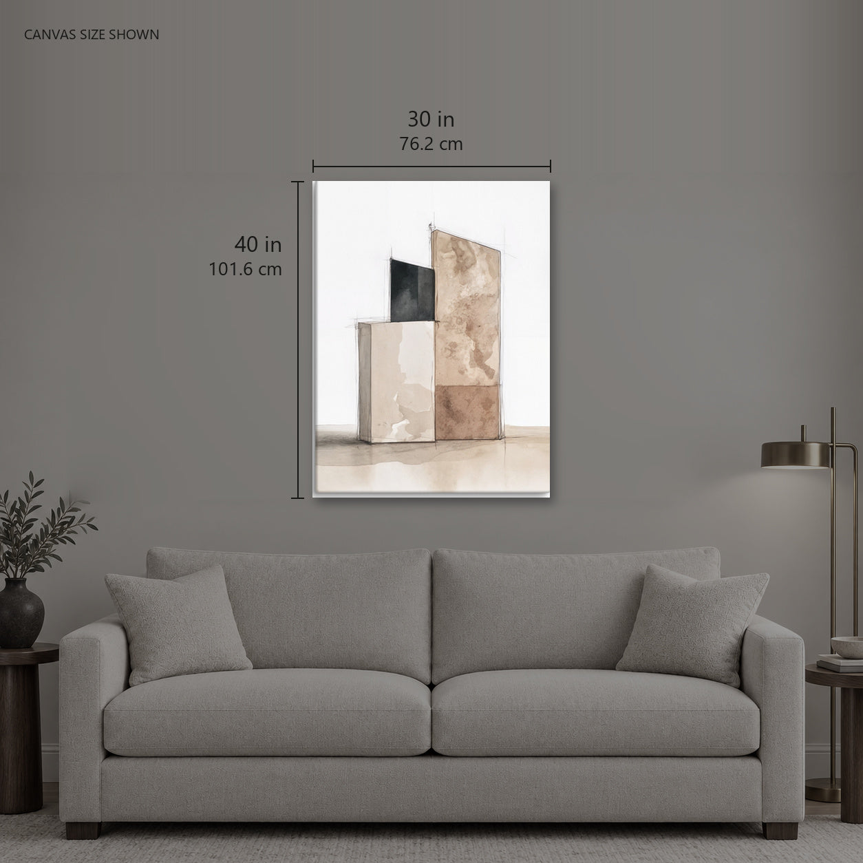 MASSING — Canvas shown: 30 W × 40 H in (76.2 × 101.6 cm). Room reference; other formats and framed outside dimensions differ.