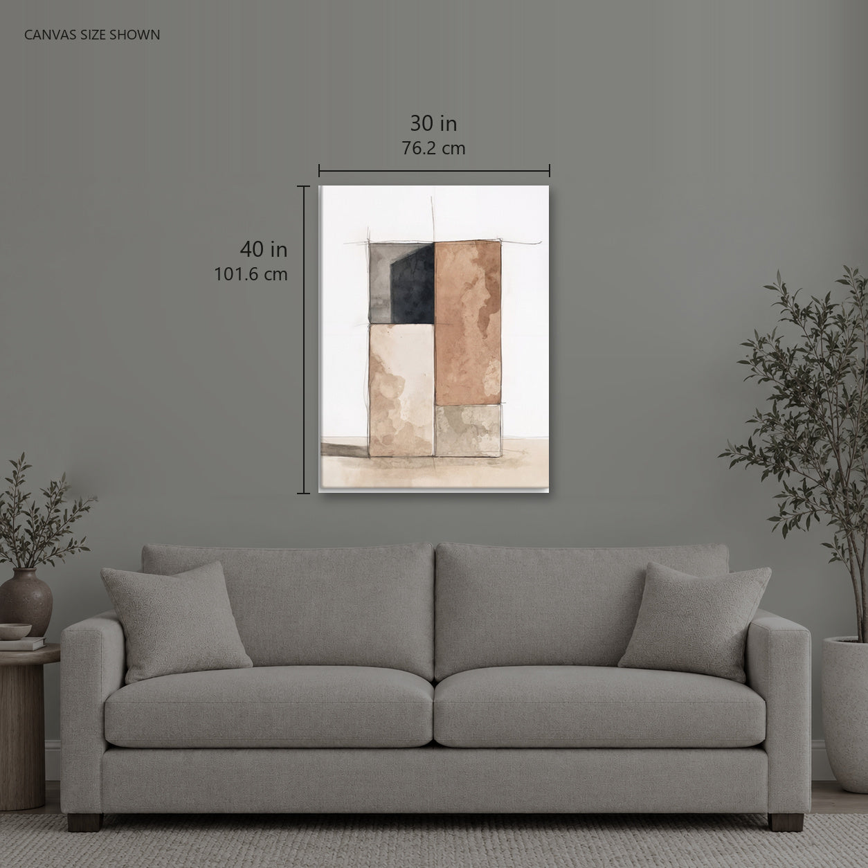 MODULE — Canvas shown: 30 W × 40 H in (76.2 × 101.6 cm). Room reference; other formats and framed outside dimensions differ.