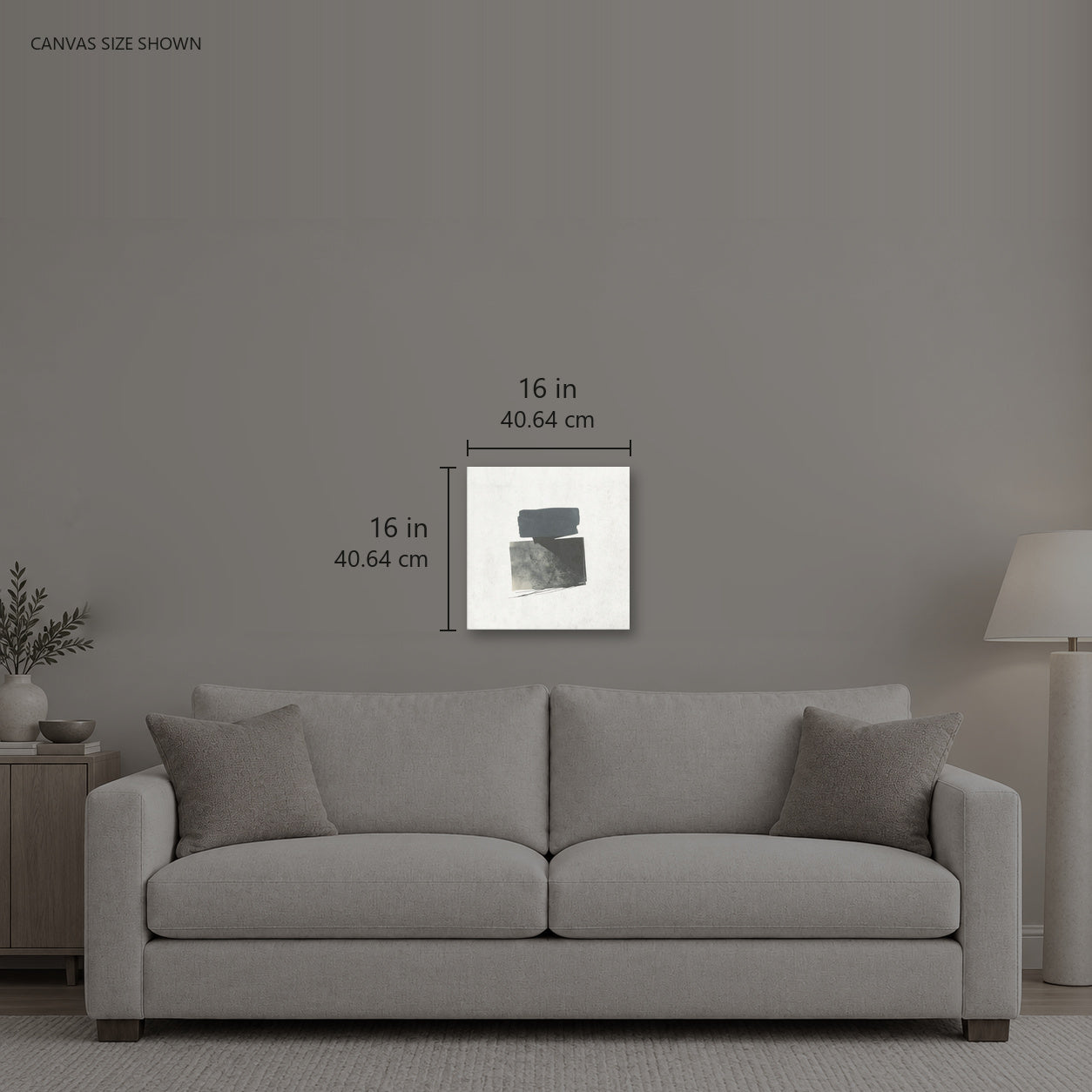 No. 5 — Canvas shown: 16 W × 16 H in (40.64 × 40.64 cm). Room reference; other formats and framed outside dimensions differ.