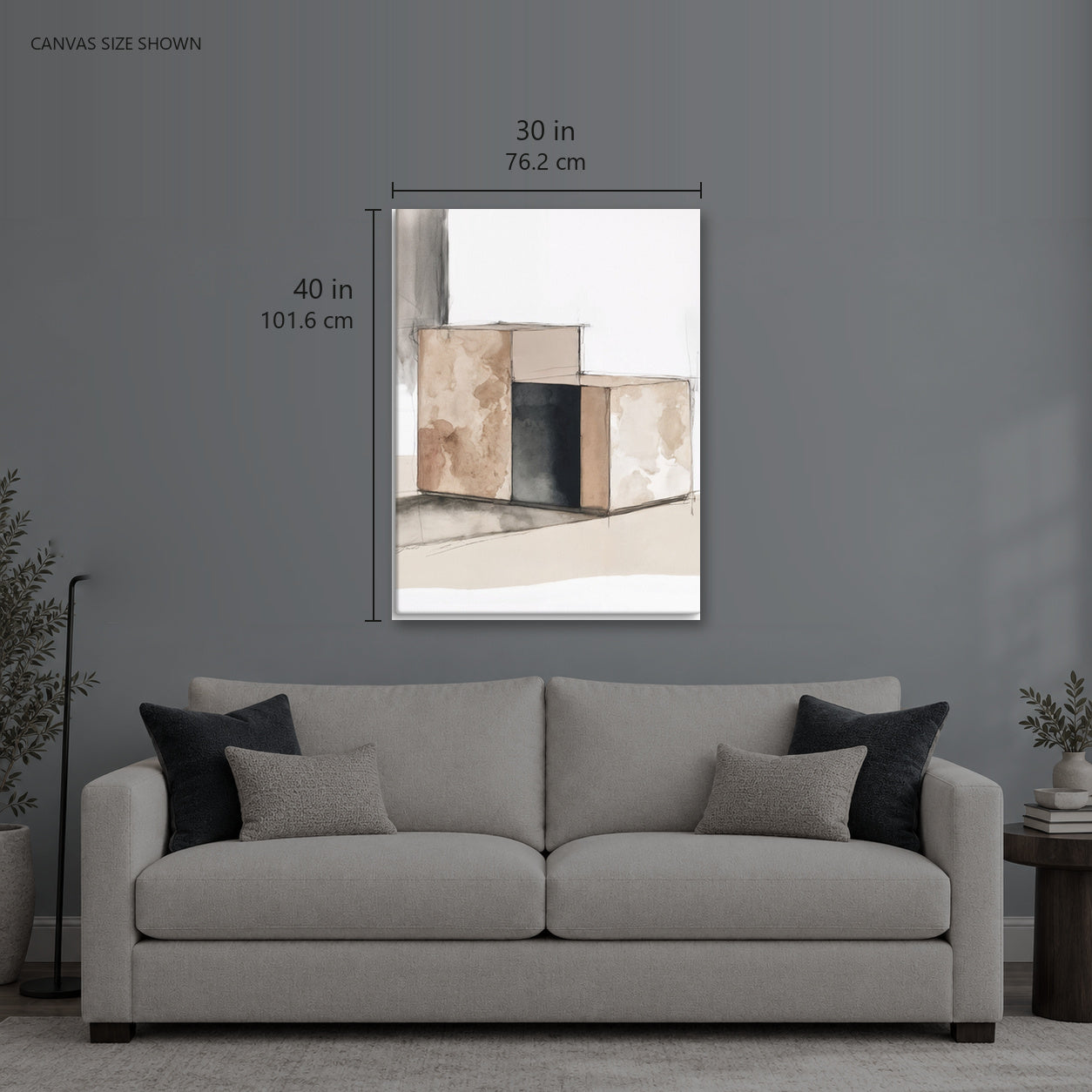PRIMITIVE — Canvas shown: 30 W × 40 H in (76.2 × 101.6 cm). Room reference; other formats and framed outside dimensions differ.