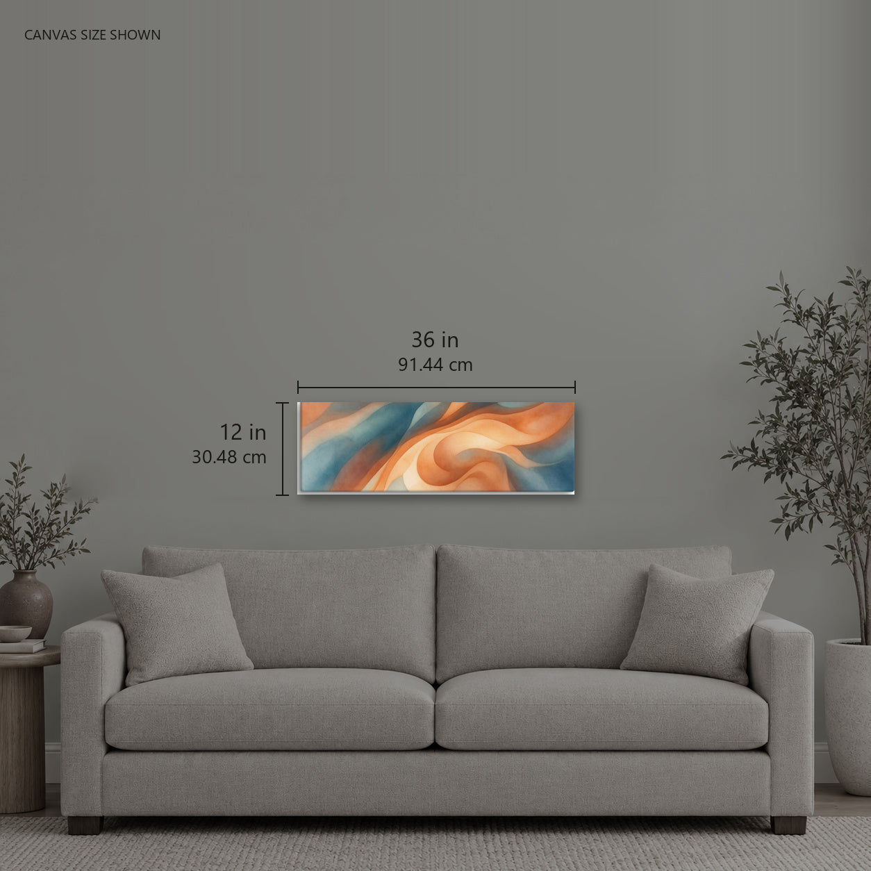 Stria Confluence — Canvas shown: 36 W × 12 H in (91.44 × 30.48 cm). Room reference; other formats and framed outside dimensions differ.