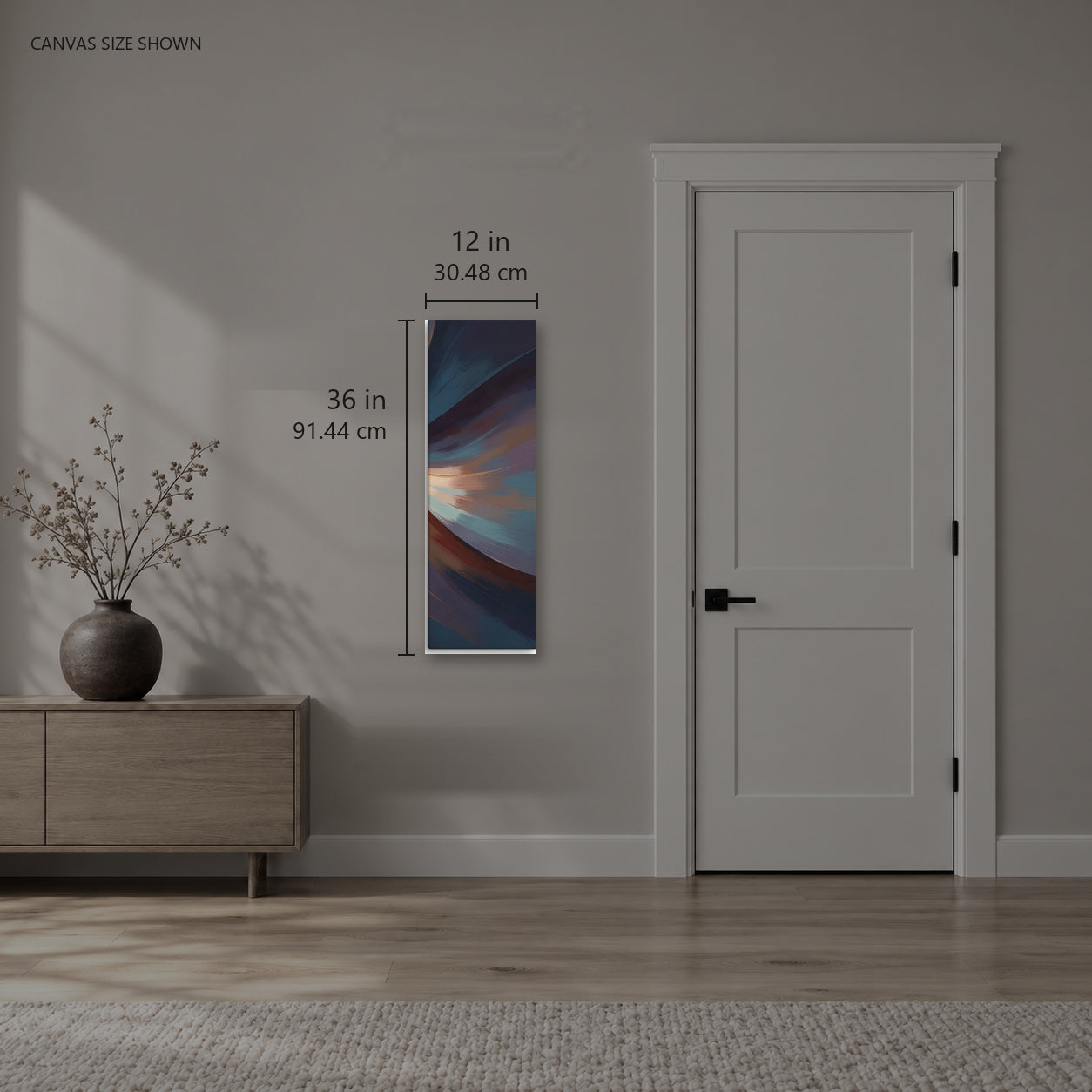 Stria Drift — Canvas shown: 12 W × 36 H in (30.48 × 91.44 cm). Room reference; other formats and framed outside dimensions differ.