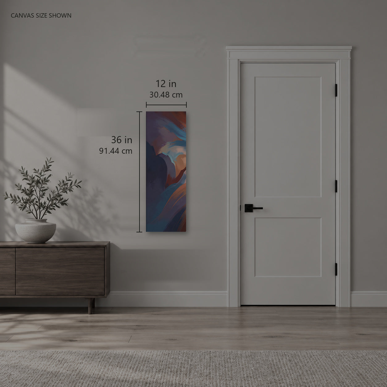 Stria Flume — Canvas shown: 12 W × 36 H in (30.48 × 91.44 cm). Room reference; other formats and framed outside dimensions differ.
