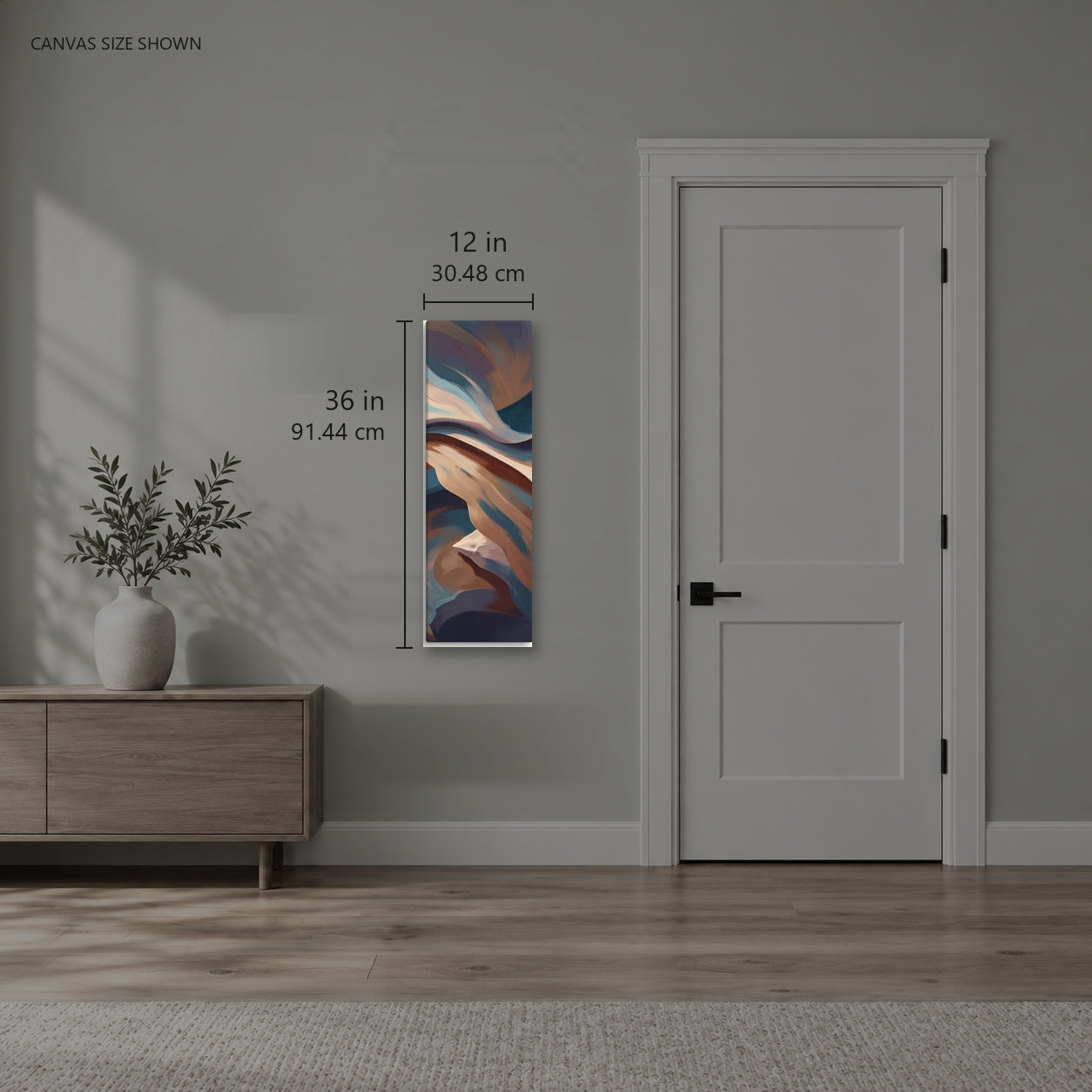 Stria Fulcrum — Canvas shown: 12 W × 36 H in (30.48 × 91.44 cm). Room reference; other formats and framed outside dimensions differ.