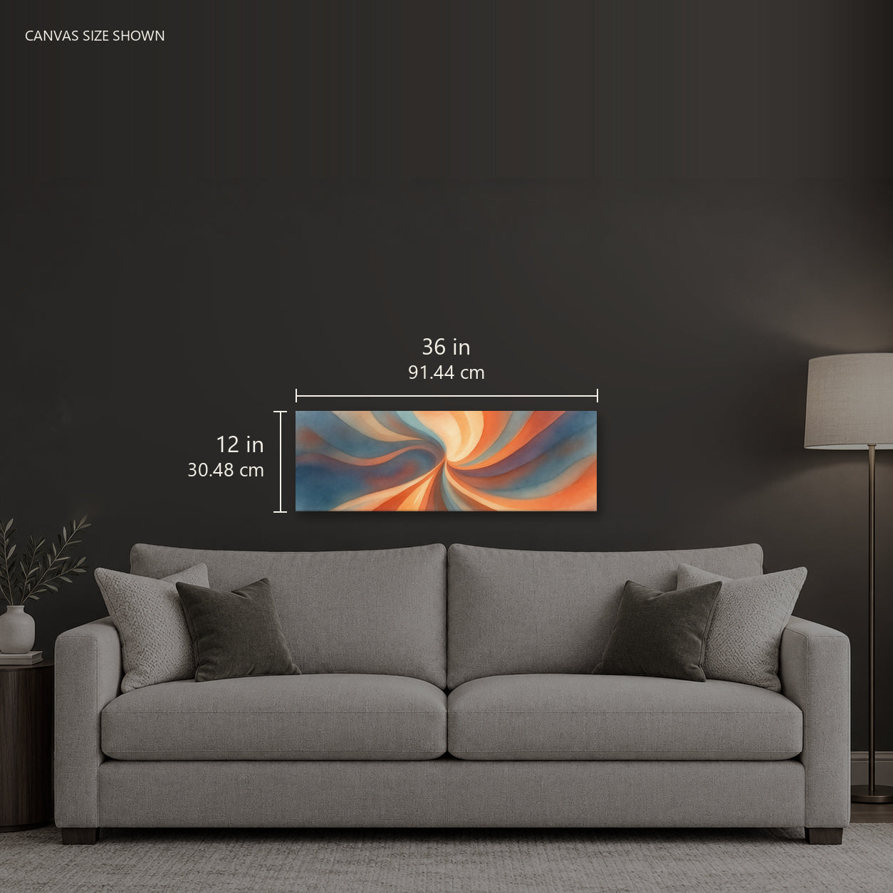 Stria Gyre — Canvas shown: 36 W × 12 H in (91.44 × 30.48 cm). Room reference; other formats and framed outside dimensions differ.