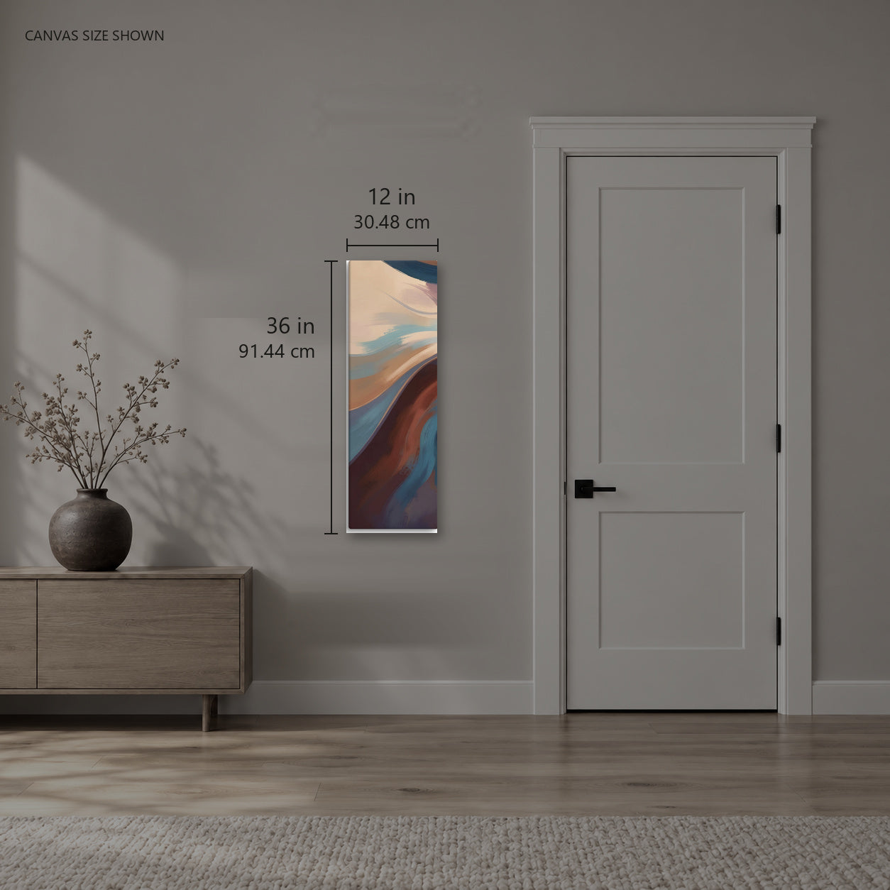Stria Incline — Canvas shown: 12 W × 36 H in (30.48 × 91.44 cm). Room reference; other formats and framed outside dimensions differ.