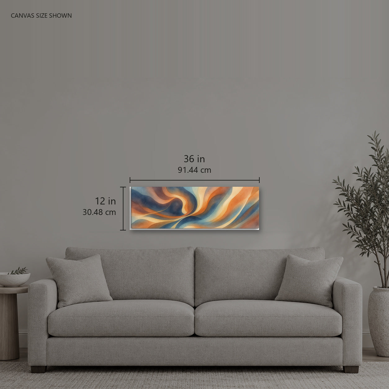 Stria Meander — Canvas shown: 36 W × 12 H in (91.44 × 30.48 cm). Room reference; other formats and framed outside dimensions differ.