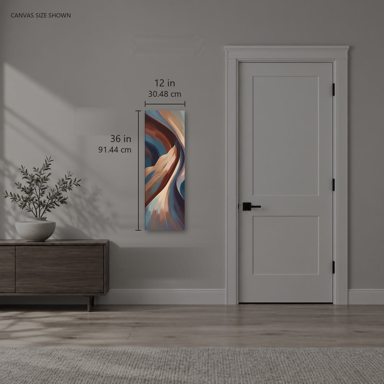 Stria Plica — Canvas shown: 12 W × 36 H in (30.48 × 91.44 cm). Room reference; other formats and framed outside dimensions differ.