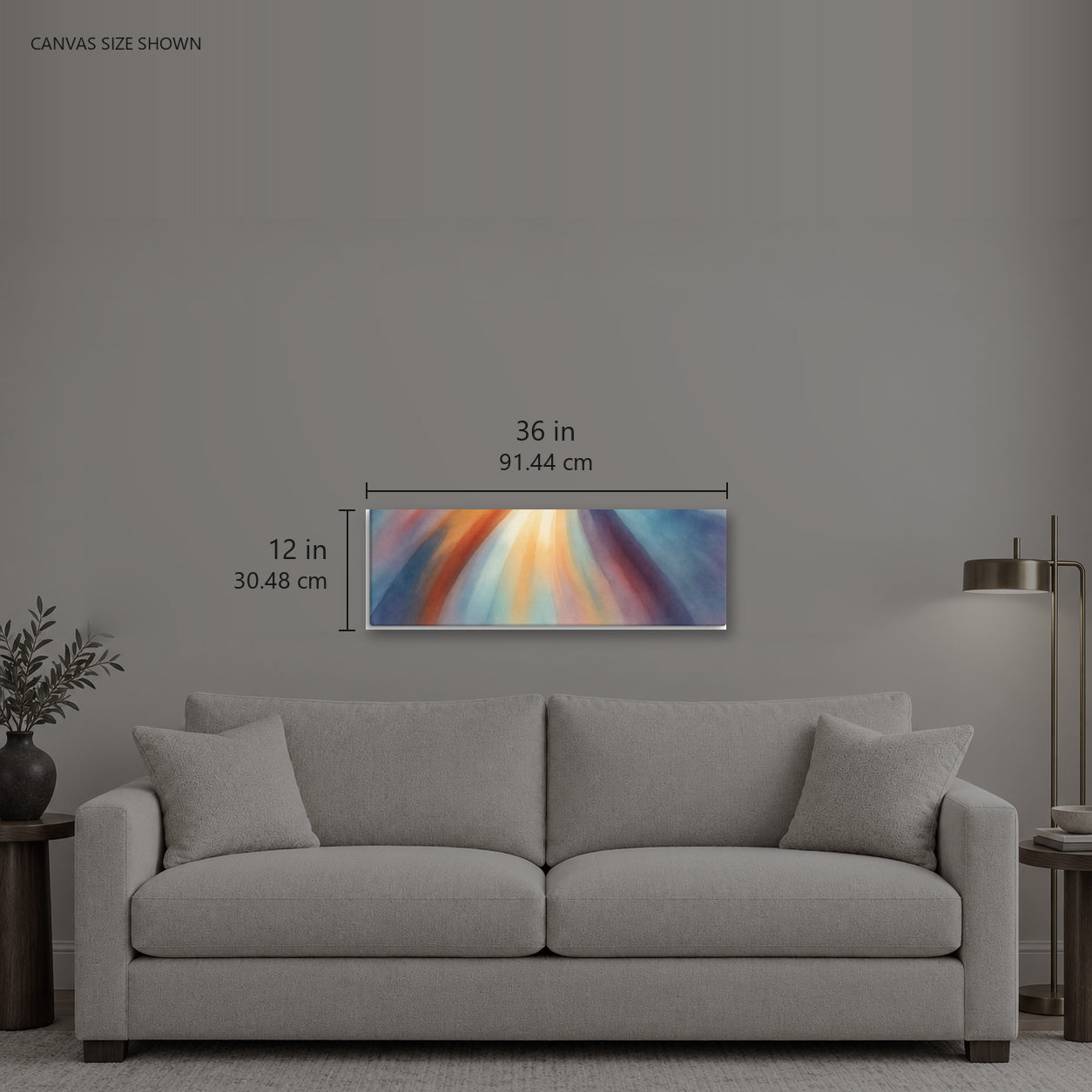 Stria Reach — Canvas shown: 36 W × 12 H in (91.44 × 30.48 cm). Room reference; other formats and framed outside dimensions differ.