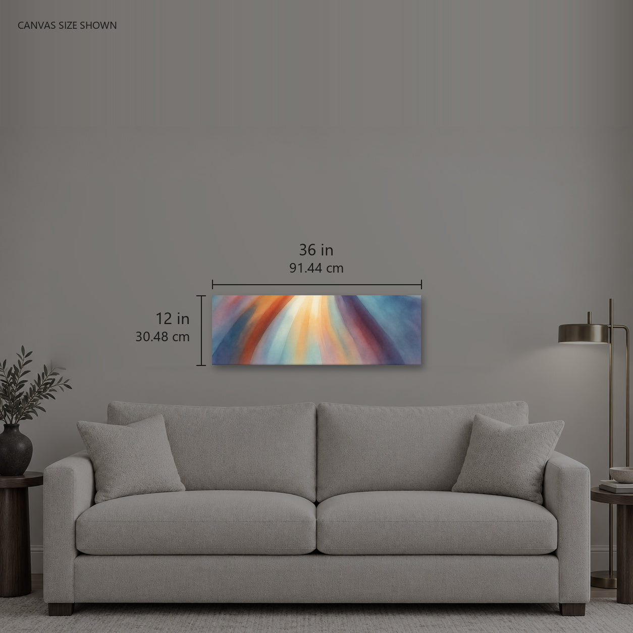 Stria Reach — Canvas shown: 36 W × 12 H in (91.44 × 30.48 cm). Room reference; other formats and framed outside dimensions differ.