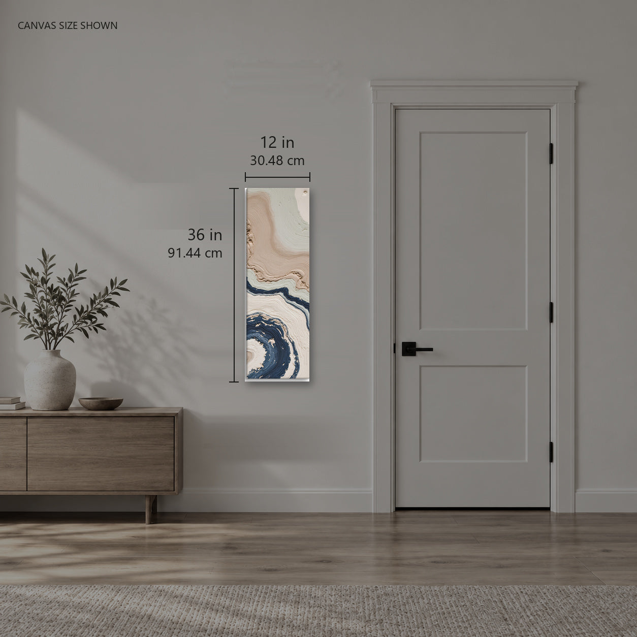Striata — Canvas shown: 12 W × 36 H in (30.48 × 91.44 cm). Room reference; other formats and framed outside dimensions differ.