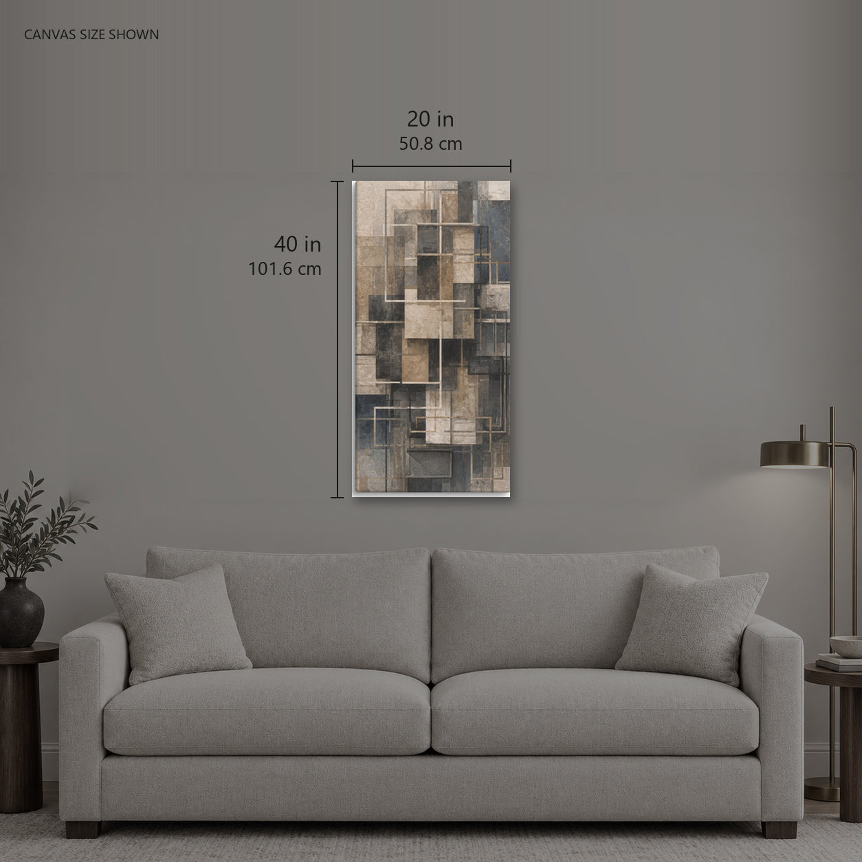 STRUCTURE — Canvas shown: 20 W × 40 H in (50.8 × 101.6 cm). Room reference; other formats and framed outside dimensions differ.