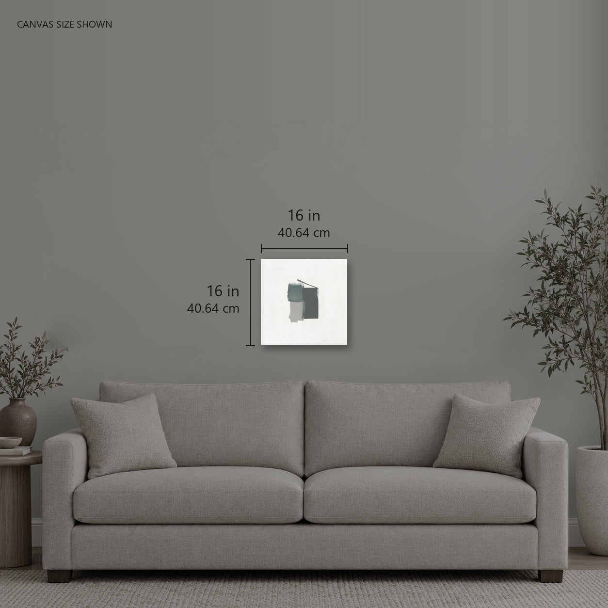 Sushi — Canvas shown: 16 W × 16 H in (40.64 × 40.64 cm). Room reference; other formats and framed outside dimensions differ.