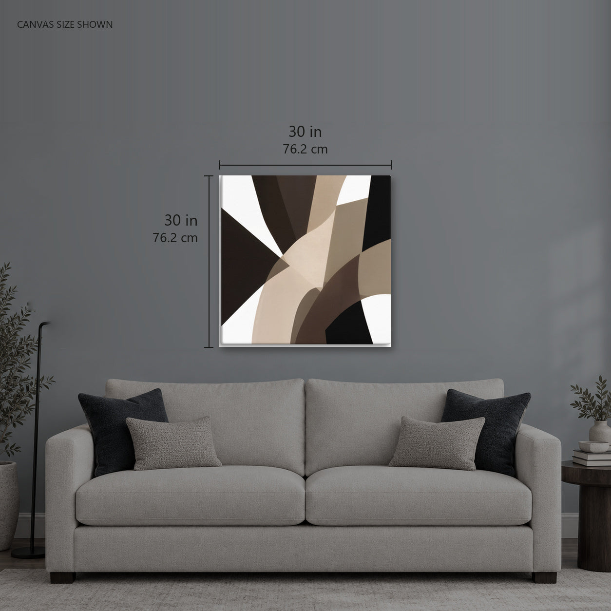 YIRGA 281 — Canvas shown: 30 W × 30 H in (76.2 × 76.2 cm). Room reference; other formats and framed outside dimensions differ.