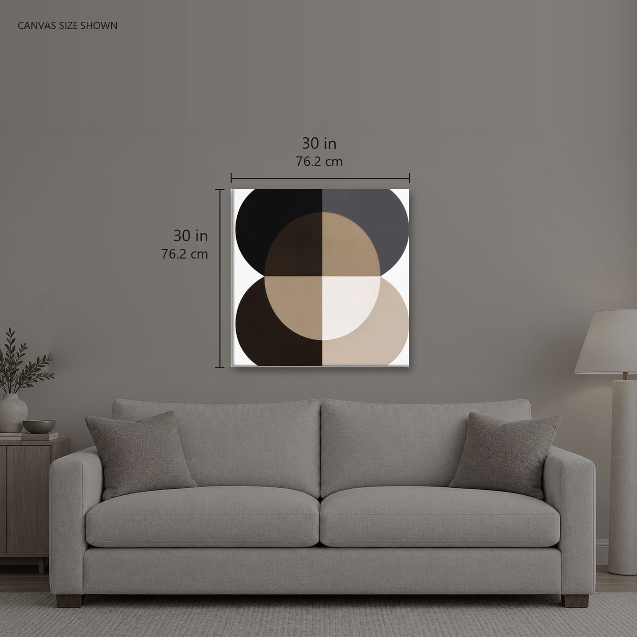 YIRGA 344 — Canvas shown: 30 W × 30 H in (76.2 × 76.2 cm). Room reference; other formats and framed outside dimensions differ.