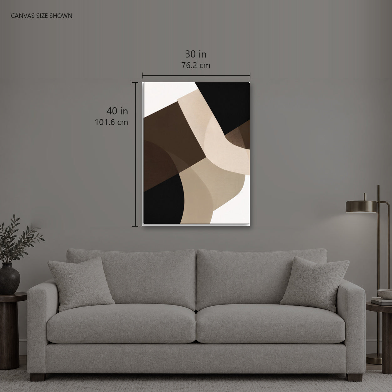YIRGA 360 Vertical — Canvas shown: 30 W × 40 H in (76.2 × 101.6 cm). Room reference; other formats and framed outside dimensions differ.