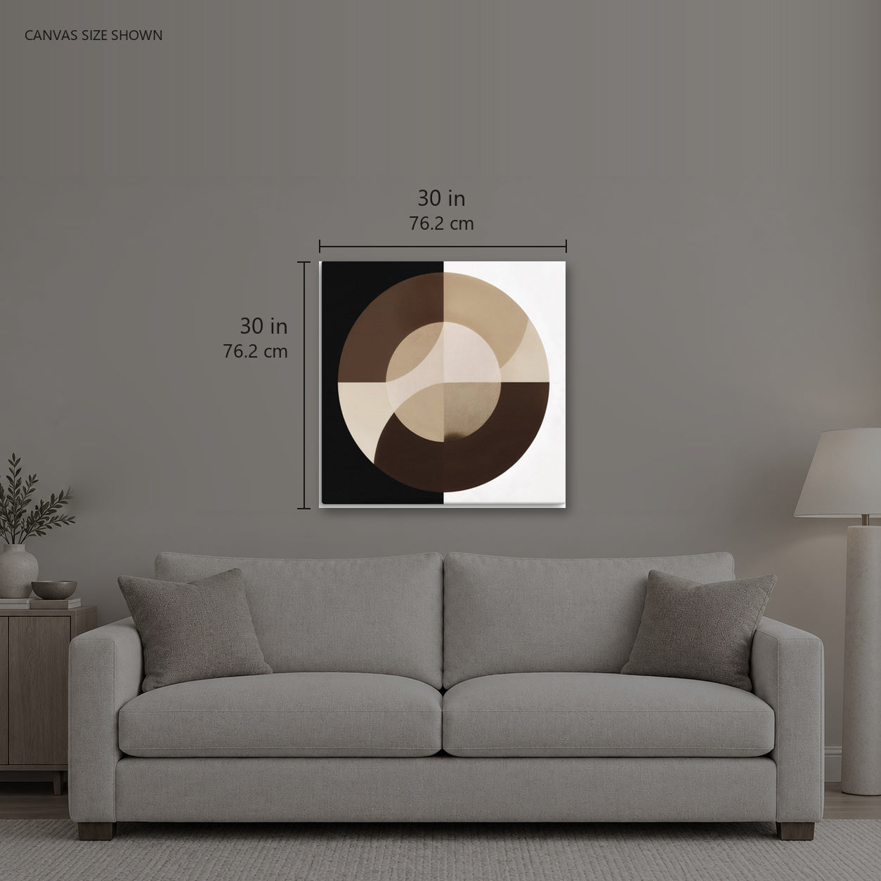 YIRGA 596 — Canvas shown: 30 W × 30 H in (76.2 × 76.2 cm). Room reference; other formats and framed outside dimensions differ.